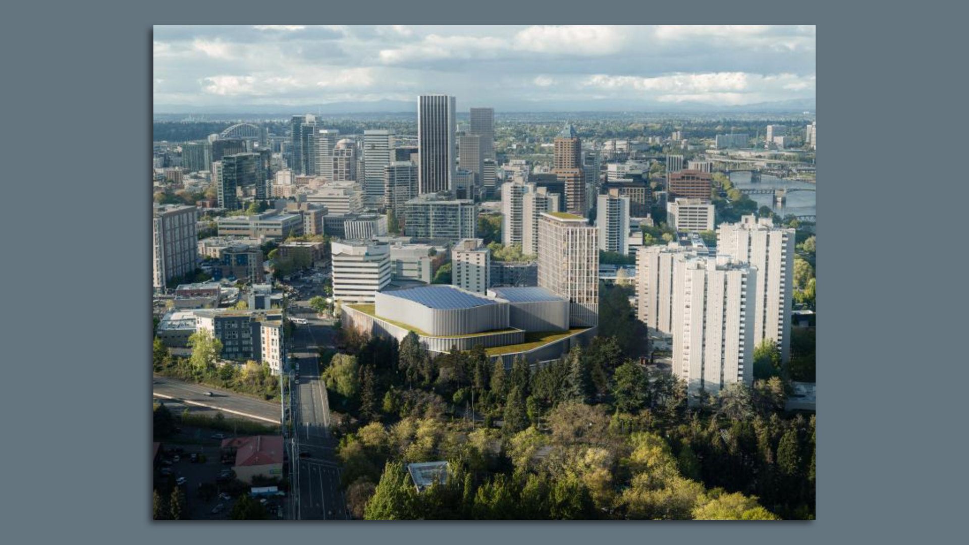 Rendering of downtown Portland's tall buildings looking north