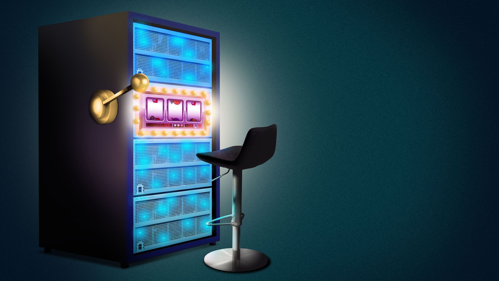 Illustration of a data server with elements of a slot machine and a casino stool in front of it