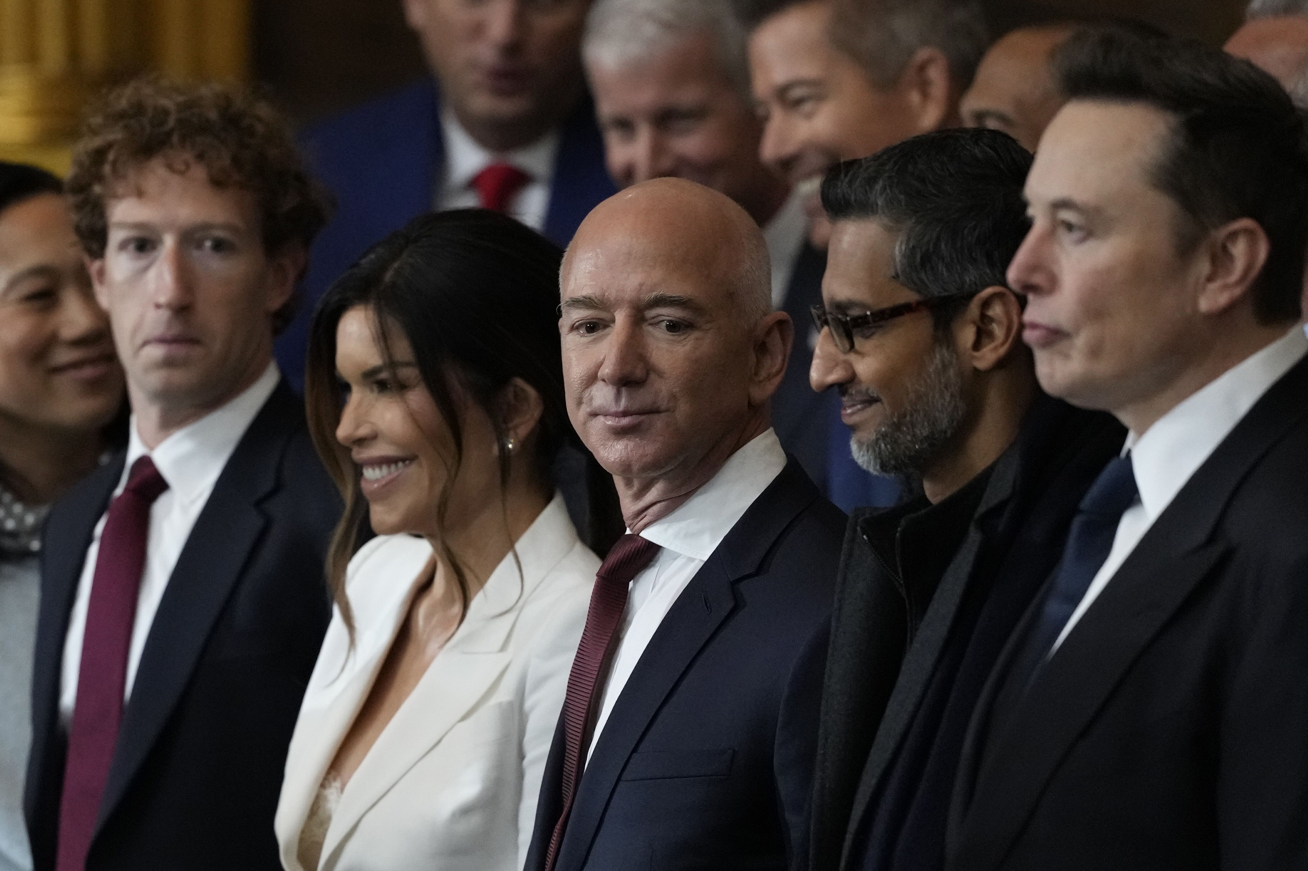 WASHINGTON, DC - JANUARY 20: Guests including Mark Zuckerberg, Lauren Sanchez, Jeff Bezos, Sundar Pichai and Elon Musk attend the Inauguration of Donald J. Trump in the U.S. Capitol Rotunda on January 20, 2025 in Washington, DC. Donald Trump takes office for his second term as the 47th president of 