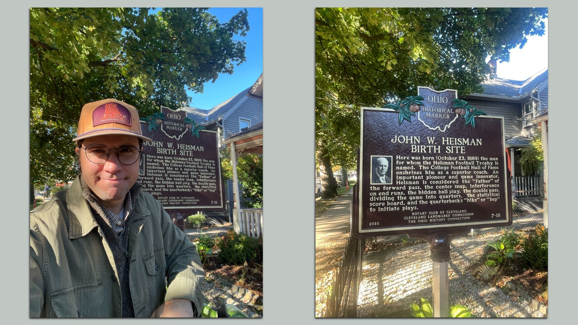 Two-panel photo: left shows a man wearing a brown cap and glasses posing by an Ohio Historical Marker for "John W. Heisman Birth Site"; right is a close-up of the marker with the Heisman portrait.