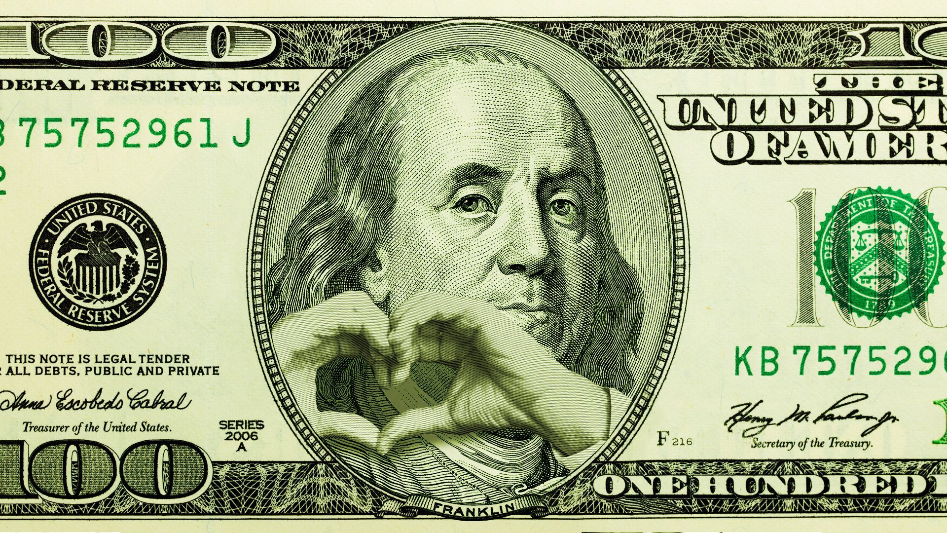 Illustration of Benjamin Franklin on a hundred dollar bill making the heart sign with his hands