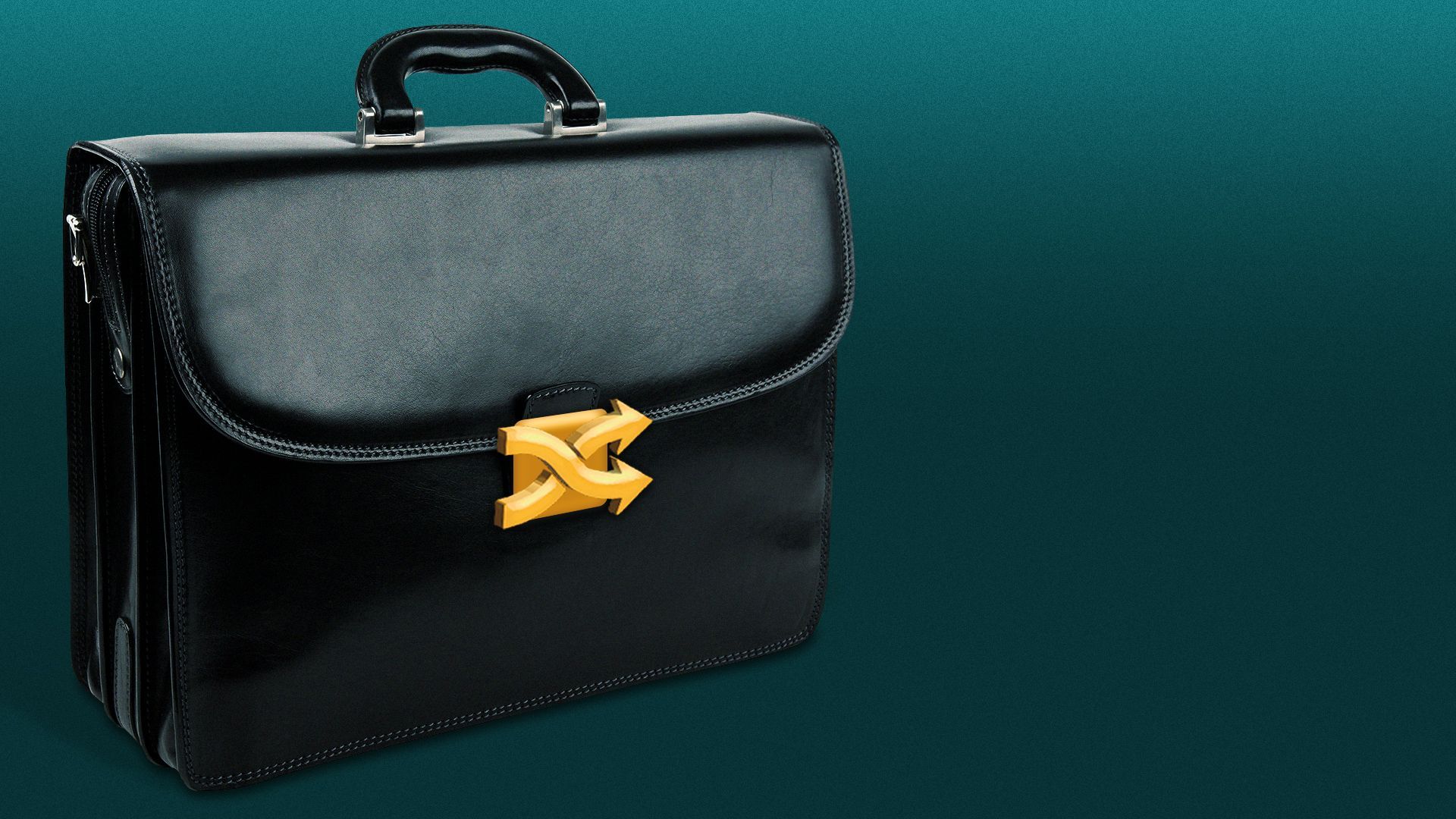 Illustration of a briefcase with a buckle in the shape of a shuffle icon.