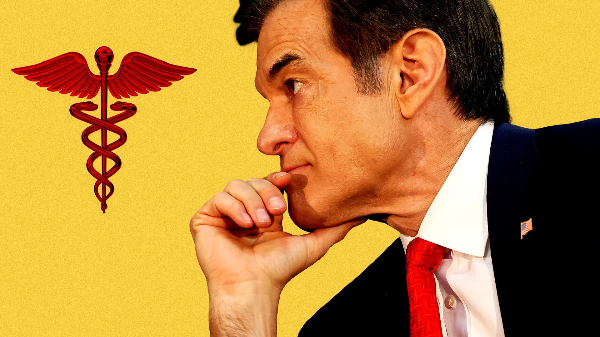 Photo illustration of Dr. Mehmet Oz staring at a small red caduceus