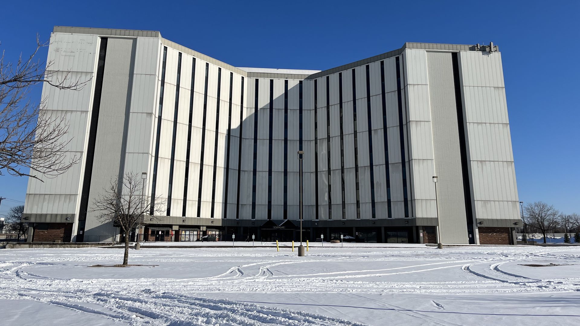 An office building with unplowed snow 