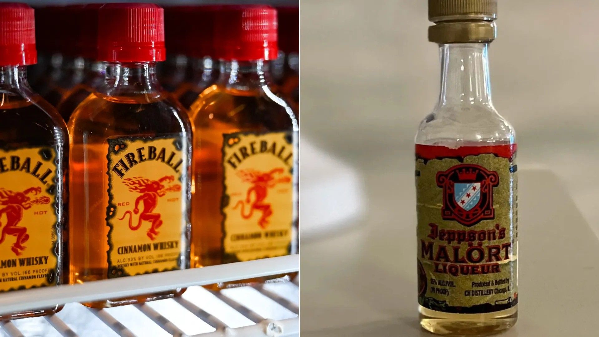 Mini bottles of Fireball Cinnamon Whisky next to a mini bottle of Jeppson's Malört liguor