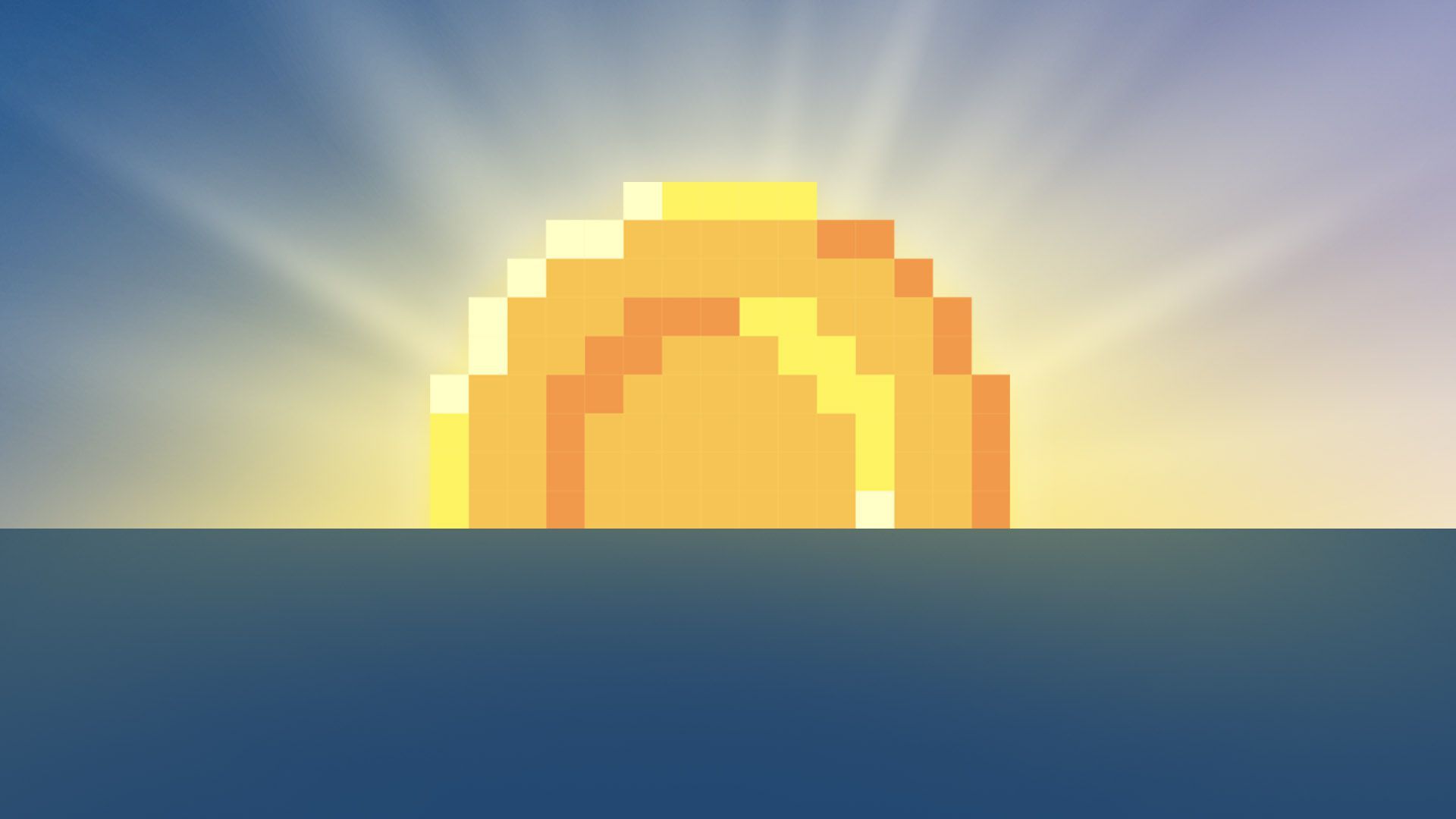Illustration of a digital coin rising from the horizon with beams of light around it
