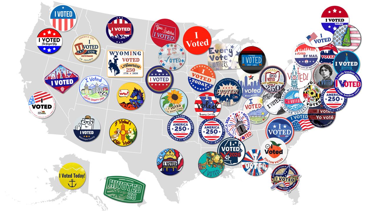 The 2026 "I voted" stickers from all 50 states and the District of Columbia on top of a U.S. map.