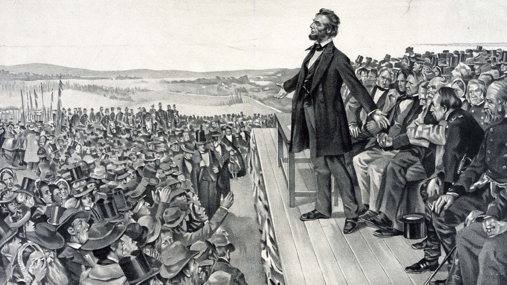 A drawing of President Lincoln as he delivers the Gettysburg Address in 1863 to a crowd of people