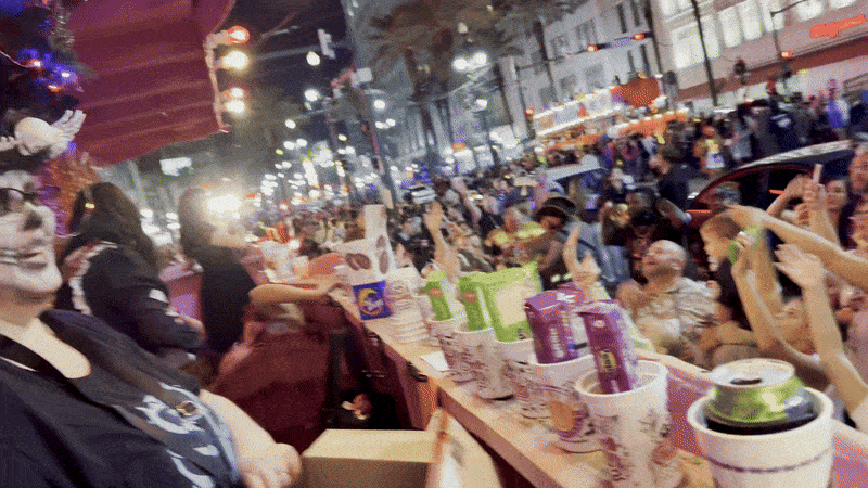 Image shows Carlie throwing a pack of Peeps.