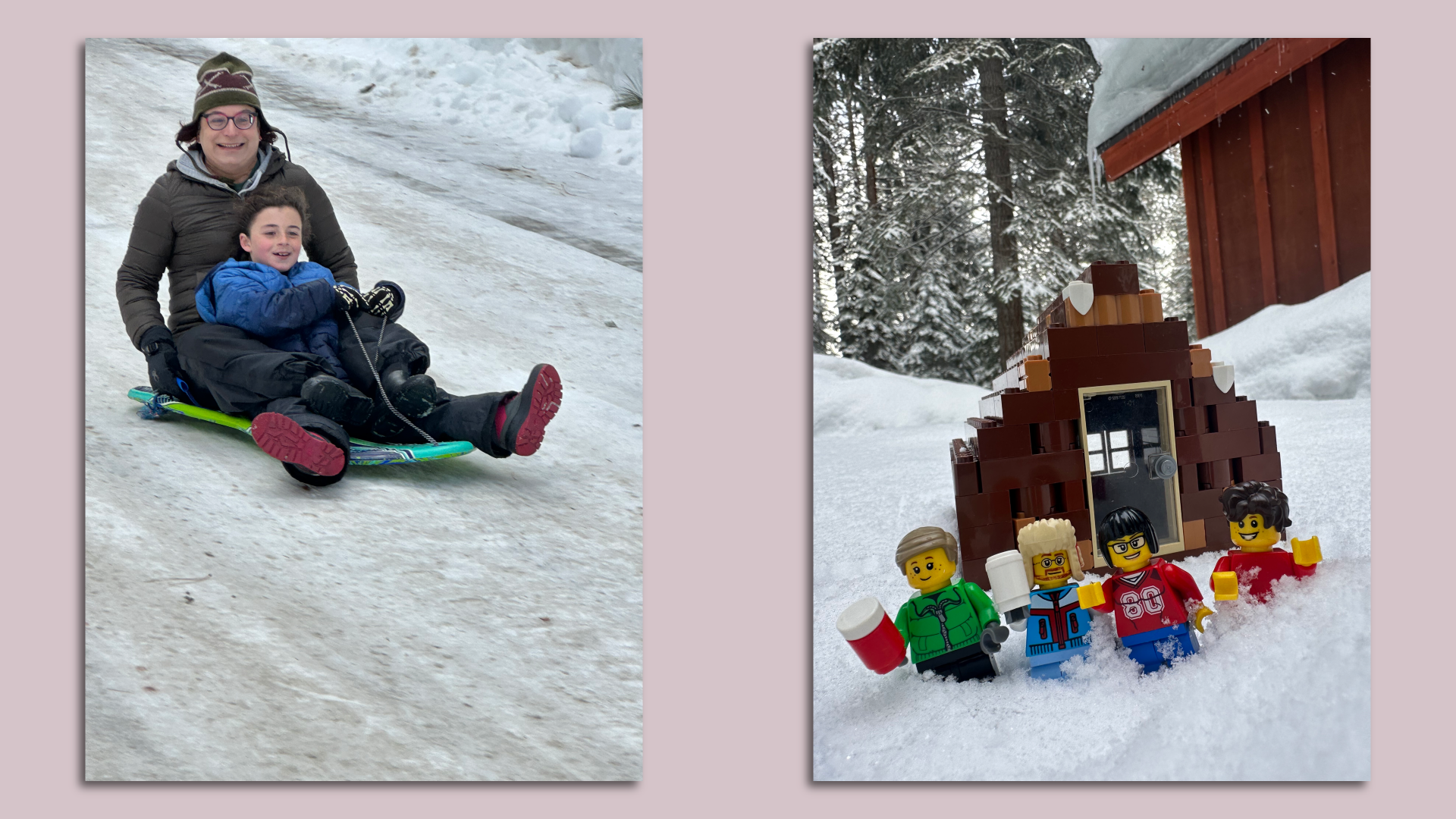 Two pictures, one of Ina Fried and her kid and another of lego figures in front of a cabin in the snow