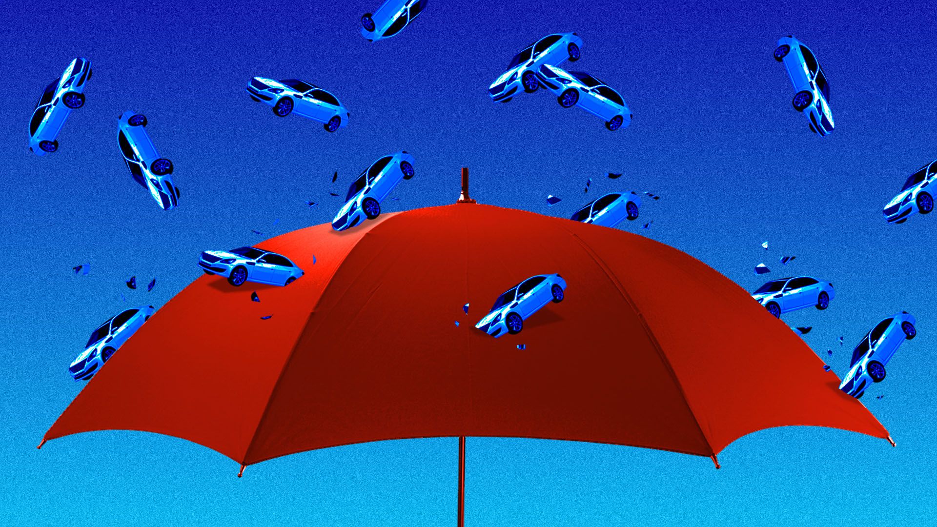 Illustration of car crashing against a giant umbrella