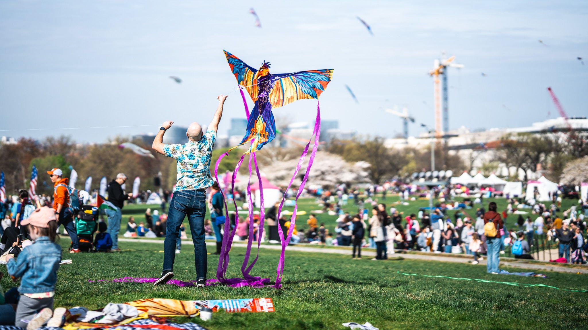 Park kite festival: a man in a floral shirt launches a large colorful butterfly kite with purple streamers, while families and tents dot the grassy field under a blue sky.