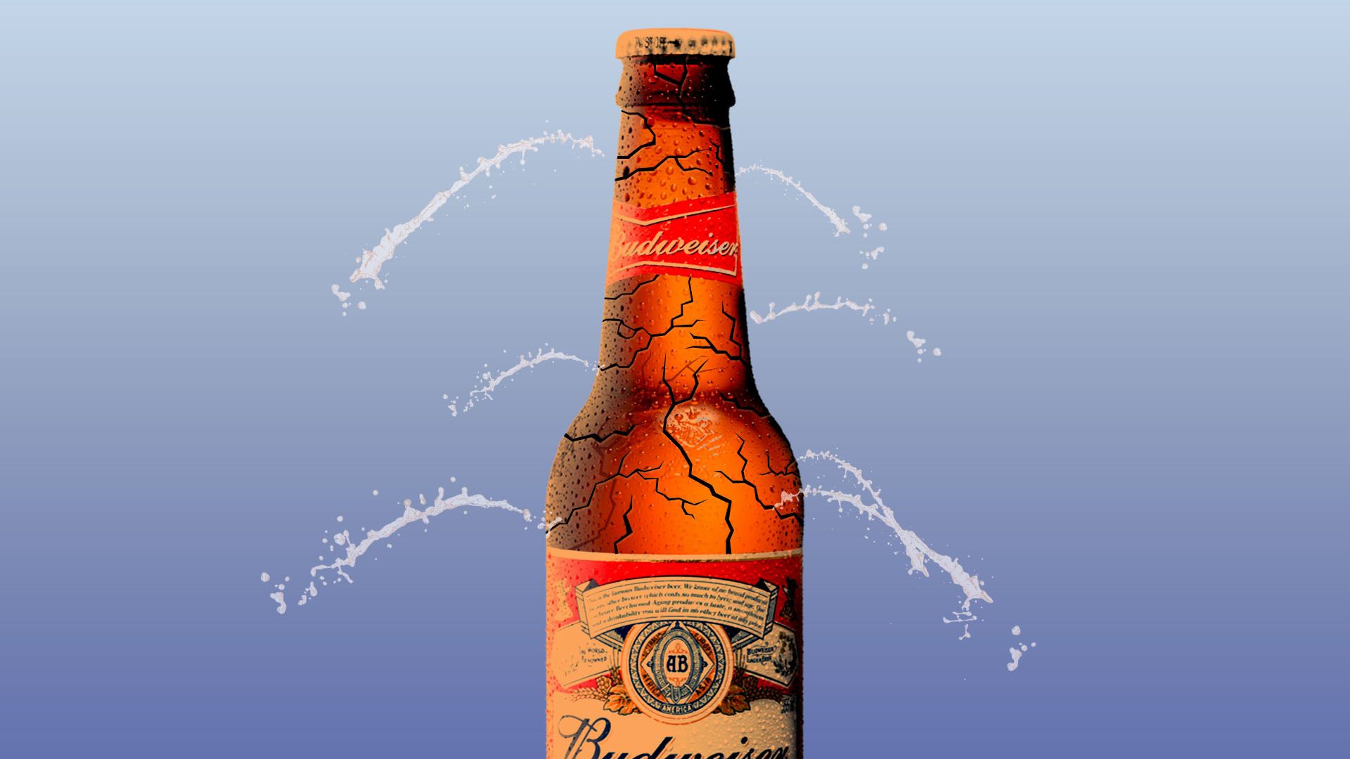 Illustration of a broken Budweiser bottle spraying beer.