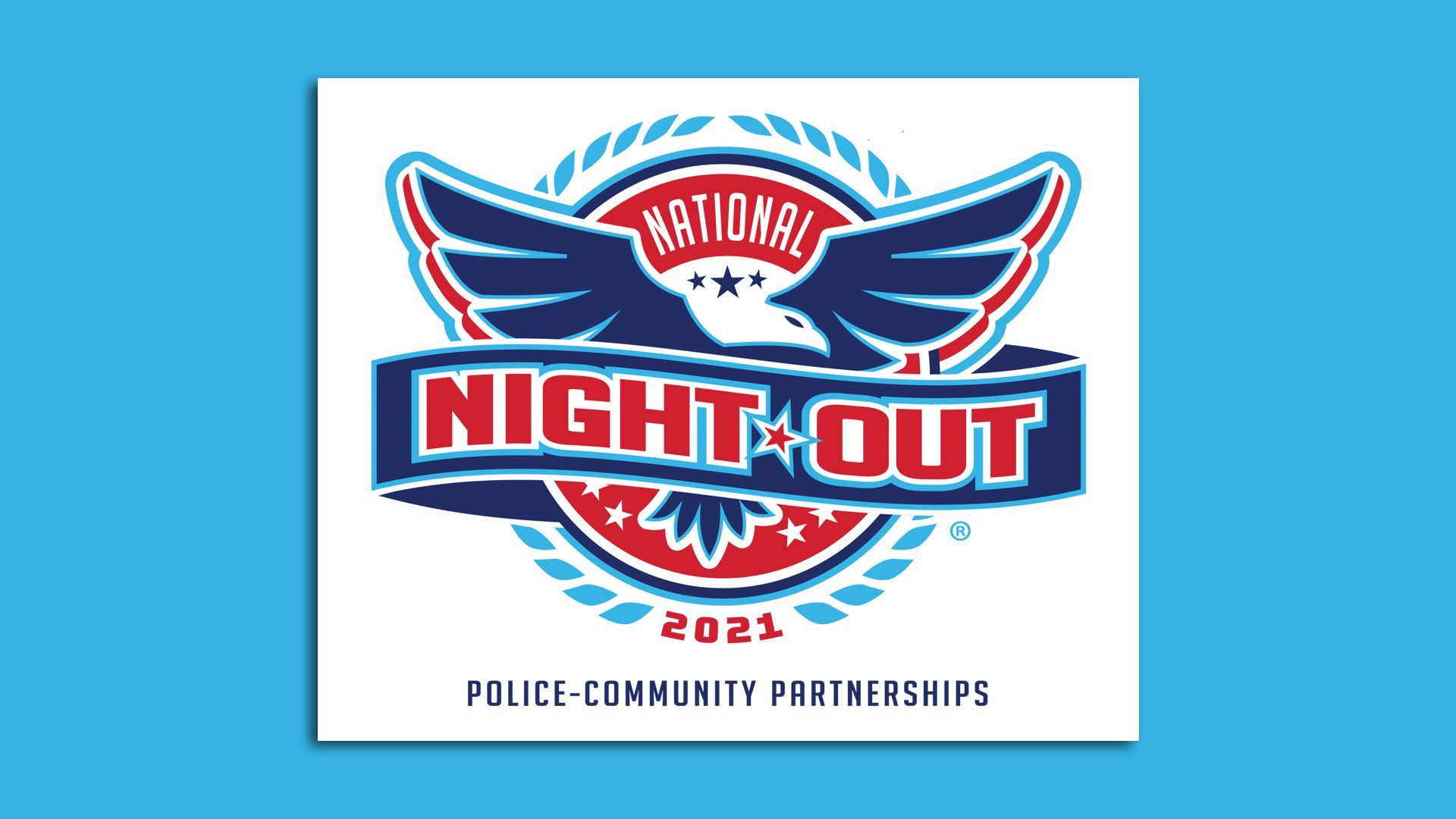 A blue-and-red logo for National Night Out 2021, with an eagle and the phrase "police-community partnerships."