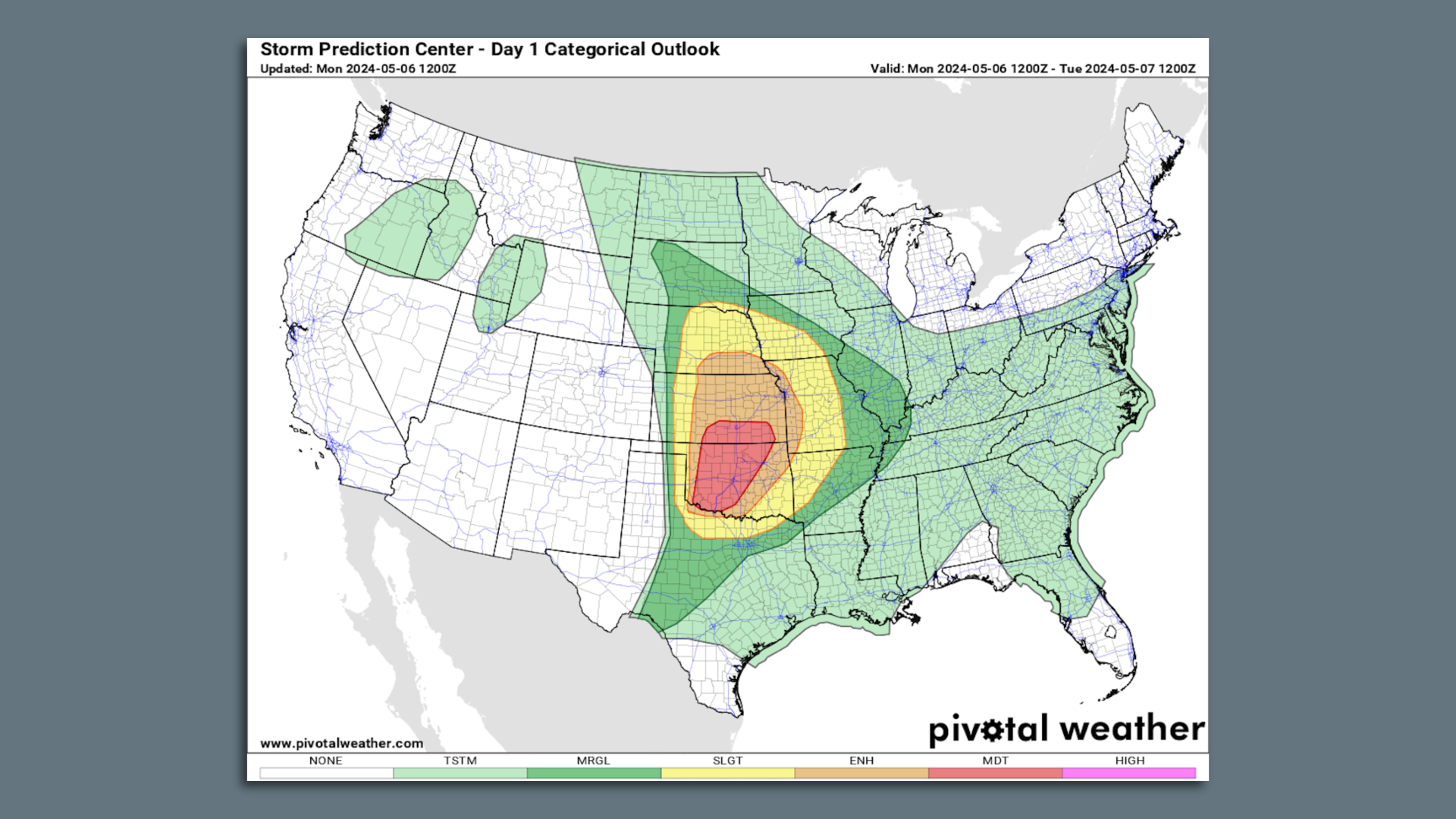 Storm risk forecast for May 6, showing a large area of moderate risk in Oklahoma and Kansas.