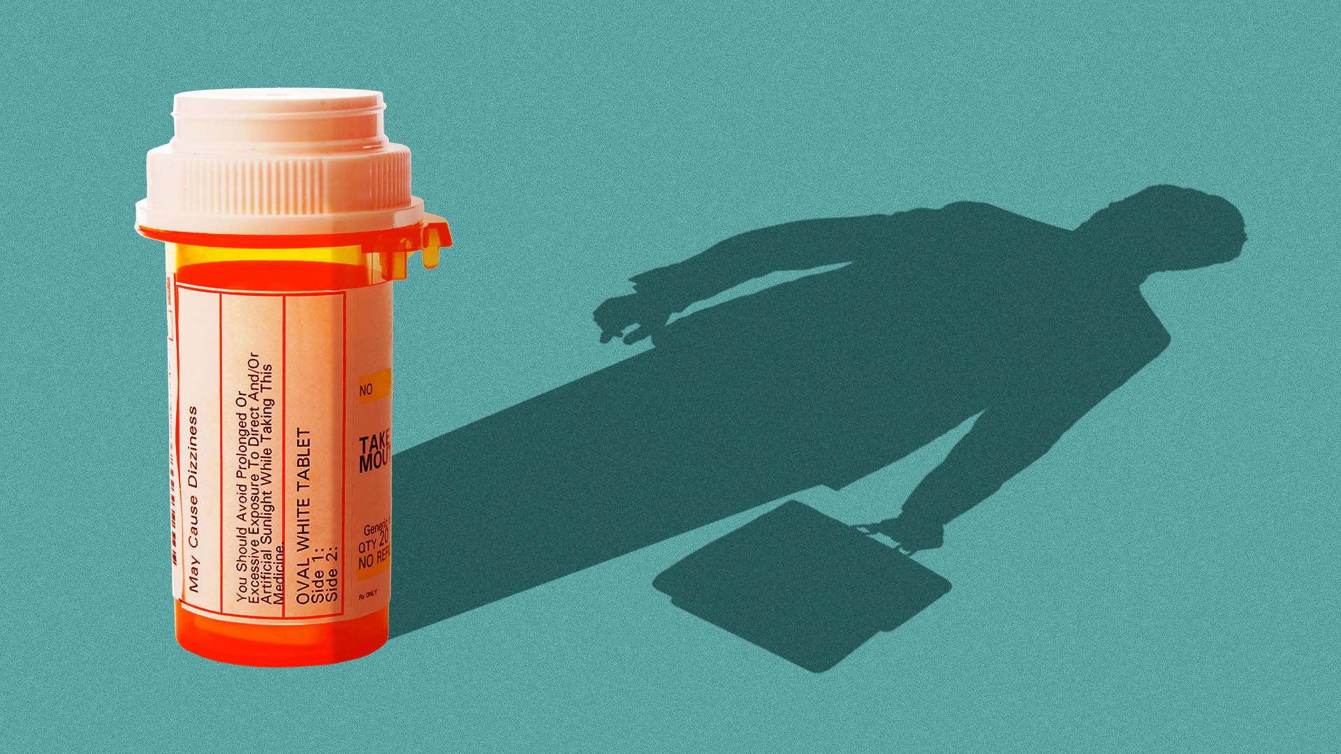 Illustration of a pill bottle casting a shadow of a businessman