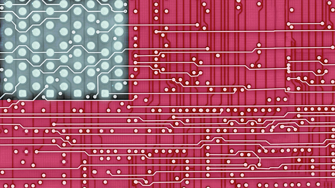 Animated illustration of a circuit board in the shape of an American flag lighting up and then shutting down.