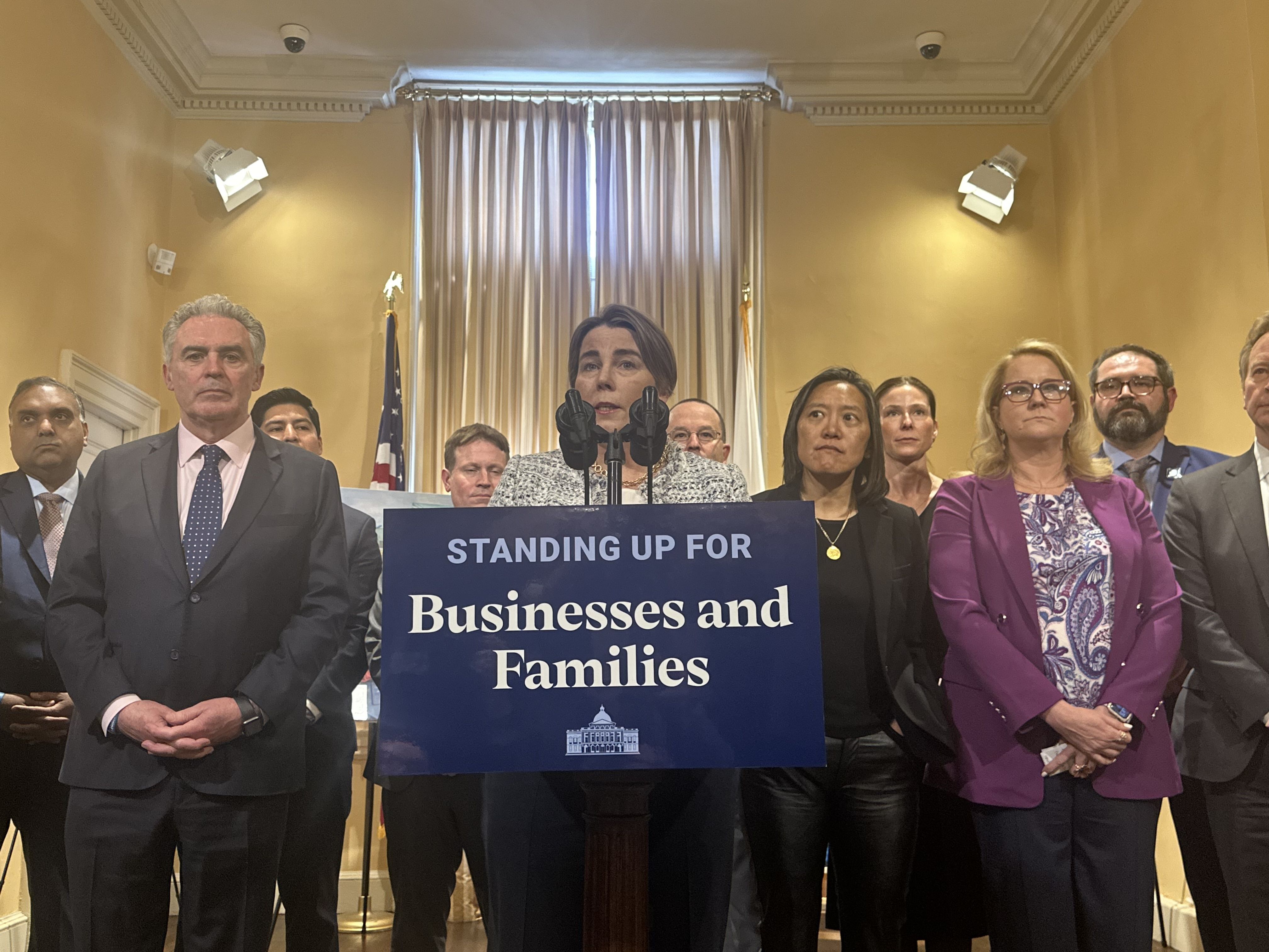 Massachusetts Gov. Healey, surrounded by business leaders and government officials, speaks at a podium in the State House that says "Standing up for businesses and families" during a press conference April 9, 2025.