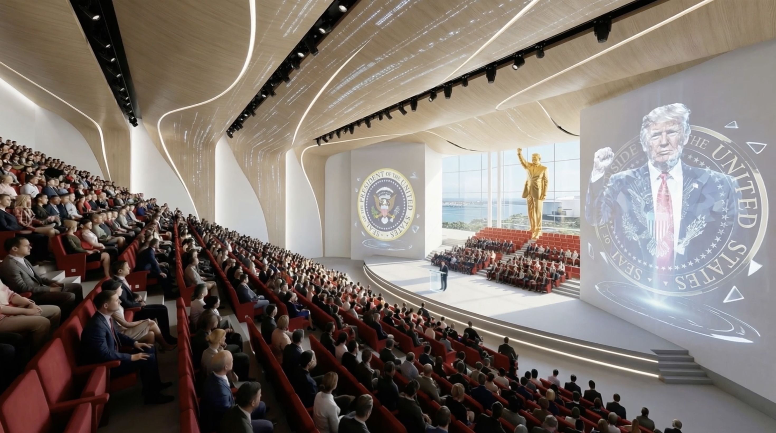 Futuristic auditorium filled with red seats and a curved wooden ceiling. Onstage a gold statue stands near a podium; a large screen shows the U.S. presidential seal beside a portrait of a man in a suit, with ocean views at the windows.