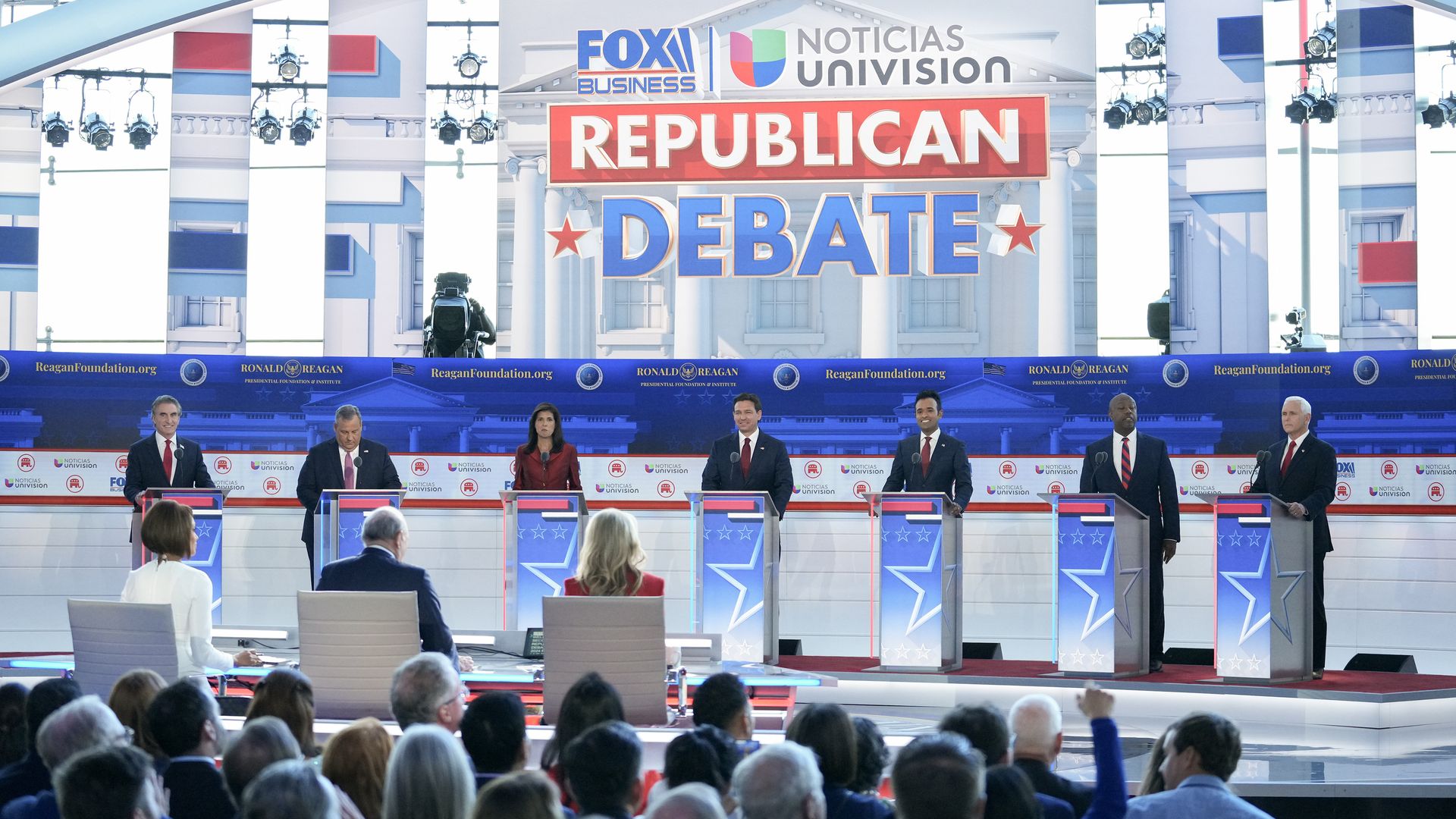 2024 Republican presidential candidates Doug Burgum, from left, Chris Christie, Nikki Haley, Ron DeSantis, Vivek Ramaswamy, Senator Tim Scott and former US Vice President Mike Pence during a debate hosted by Fox Business Network in Simi Valley, California, US, on Wednesday, Sept. 27, 2023. 