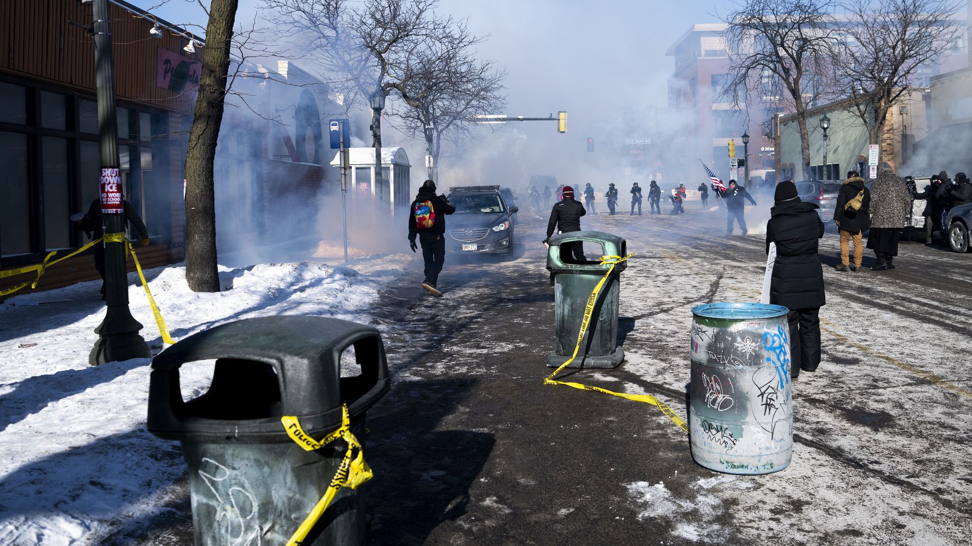Tear gas fills the street near the site of a fatal shooting by federal agents on January 24, 2026 in Minneapolis, Minnesota. Federal agents allegedly shot and killed 37-year-old Alex Pretti, a south Minneapolis resident, amid a scuffle to arrest him.