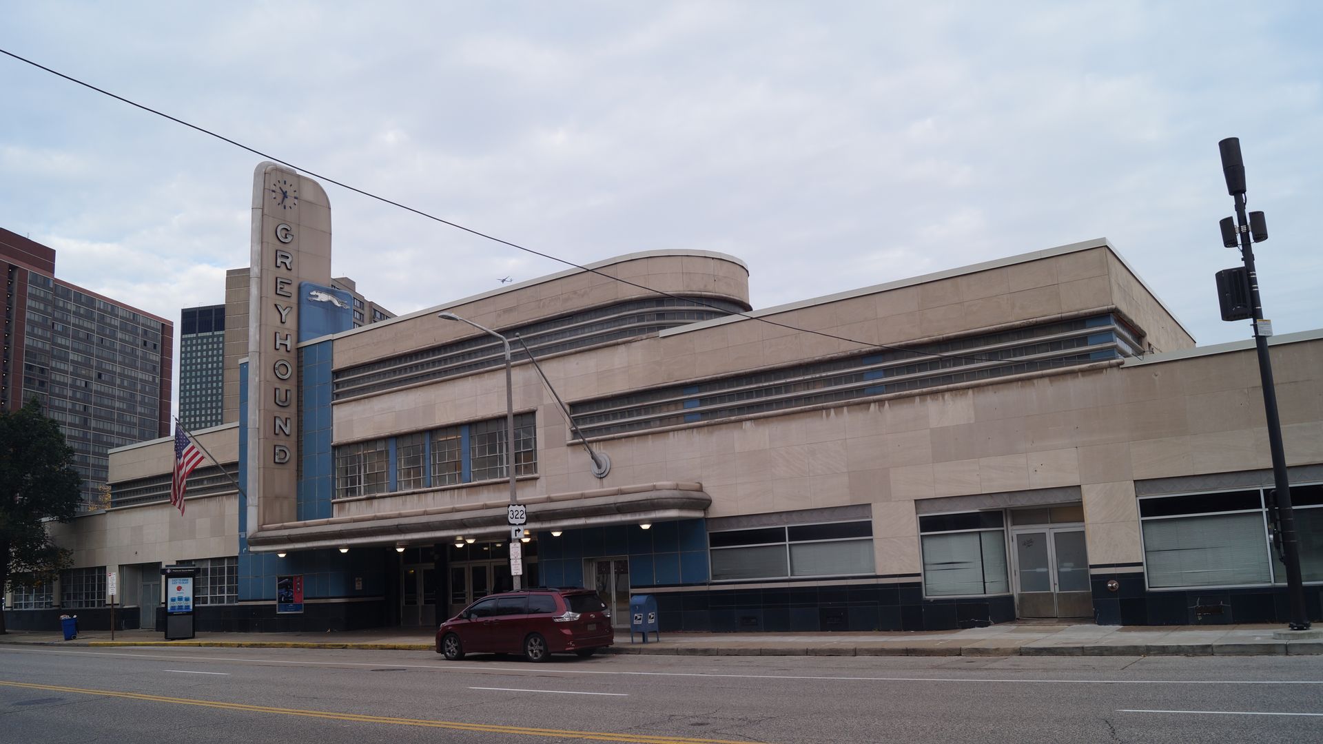 Greyhound station built in the Streamline Moderne architectural style 