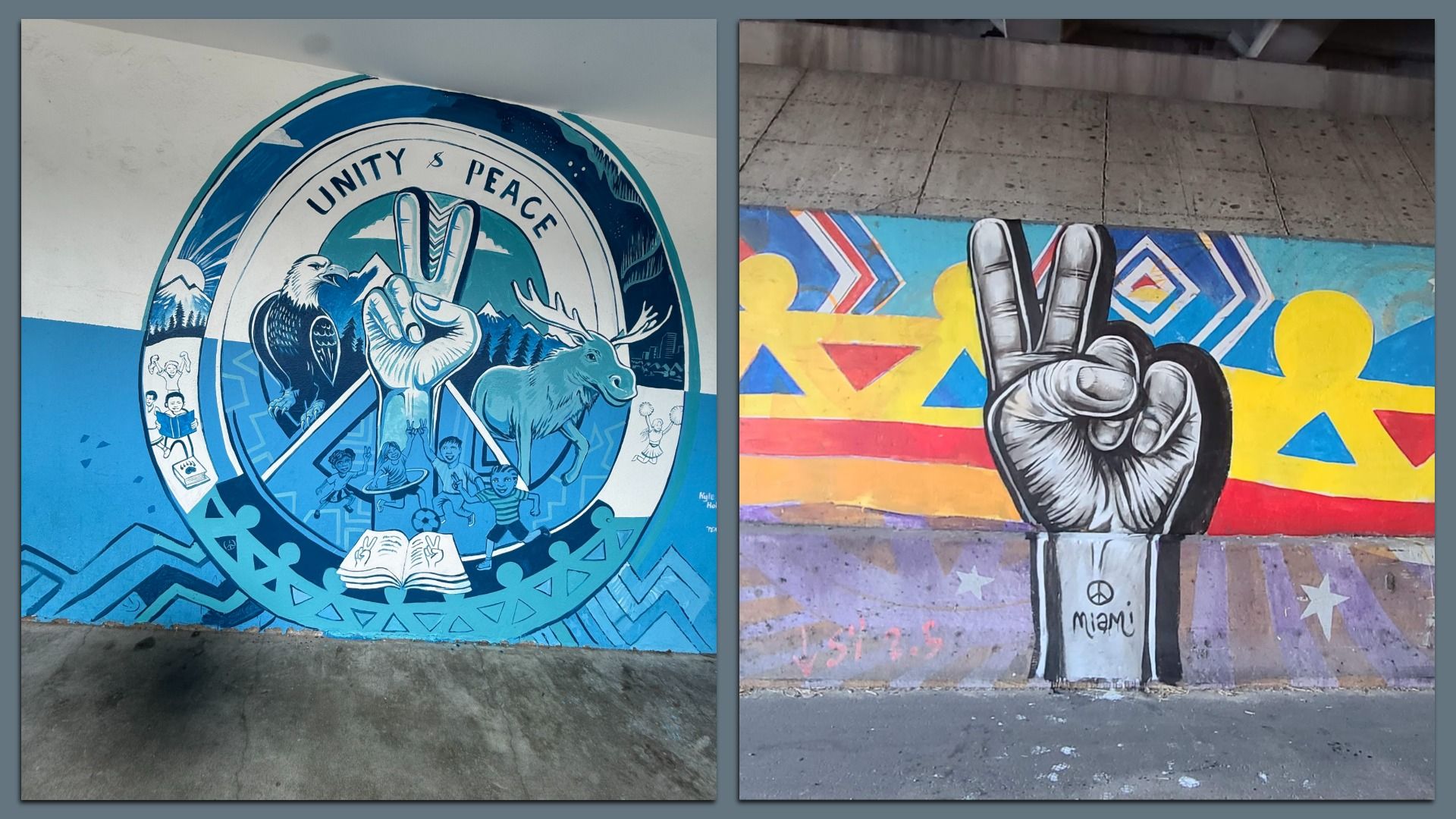 Two murals: left a blue circular emblem reading Unity & Peace with a peace-sign hand, wildlife and children; right a colorful graffiti wall with a large peace-sign hand and geometric shapes.