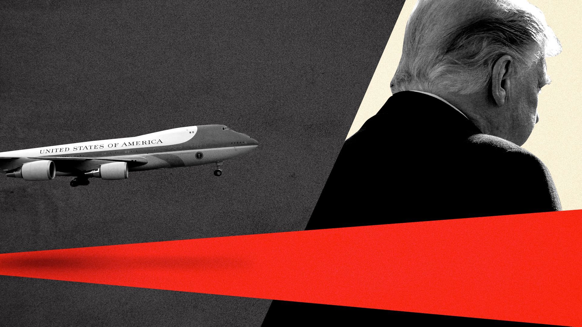 Photo illustration of a plane landing and Donald Trump with his back turned.