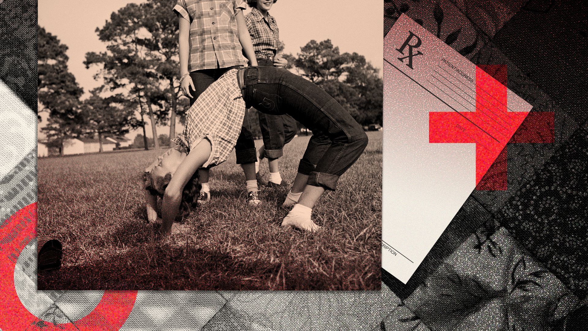 Photo illustration collage of teen girls in the 1950s playing outside, one doing a back bend, in front of an image of a quilt, a prescription pad, and medical red crosses and other graphic shapes.