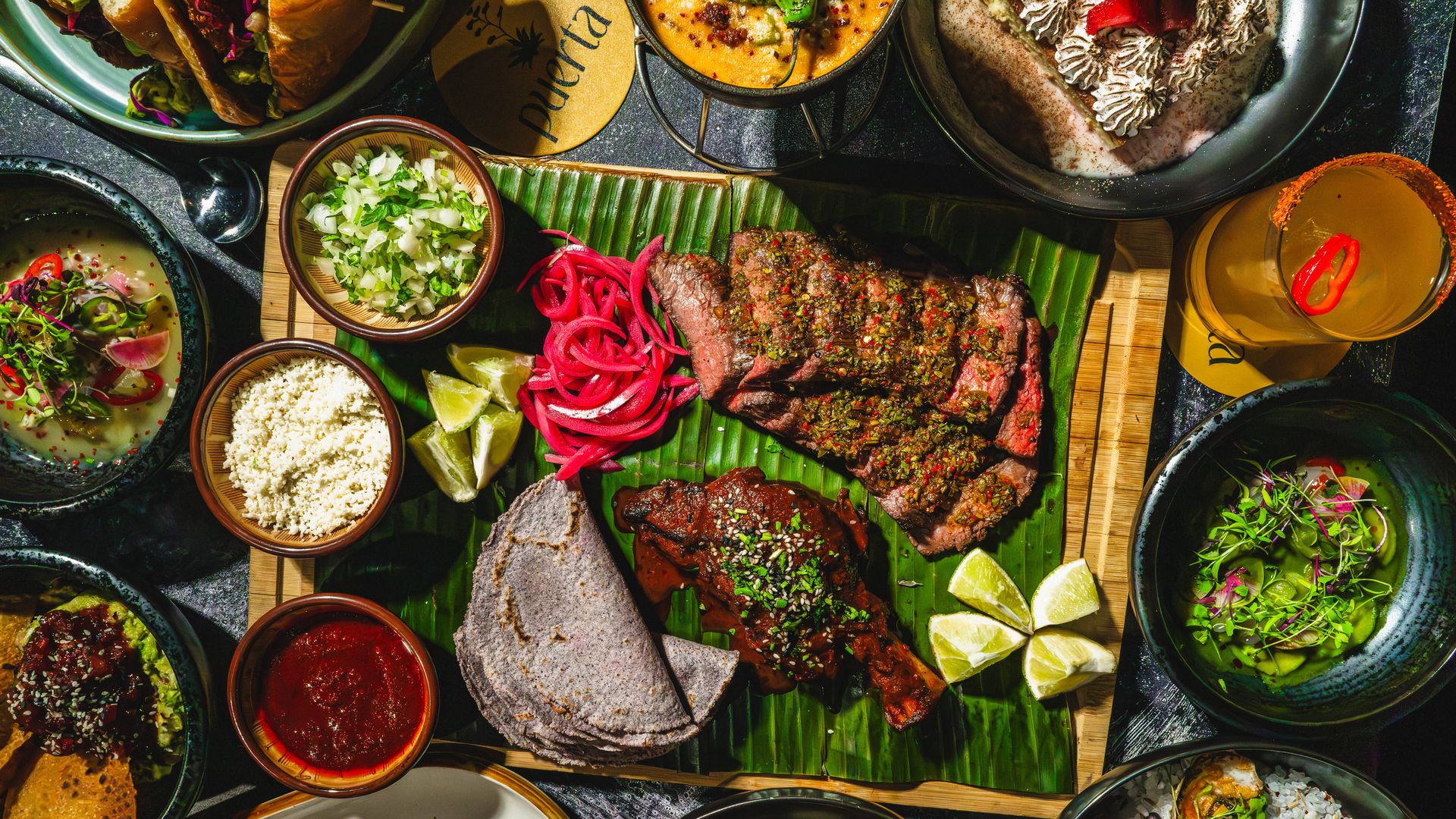 overhead view of a table with a lot of food