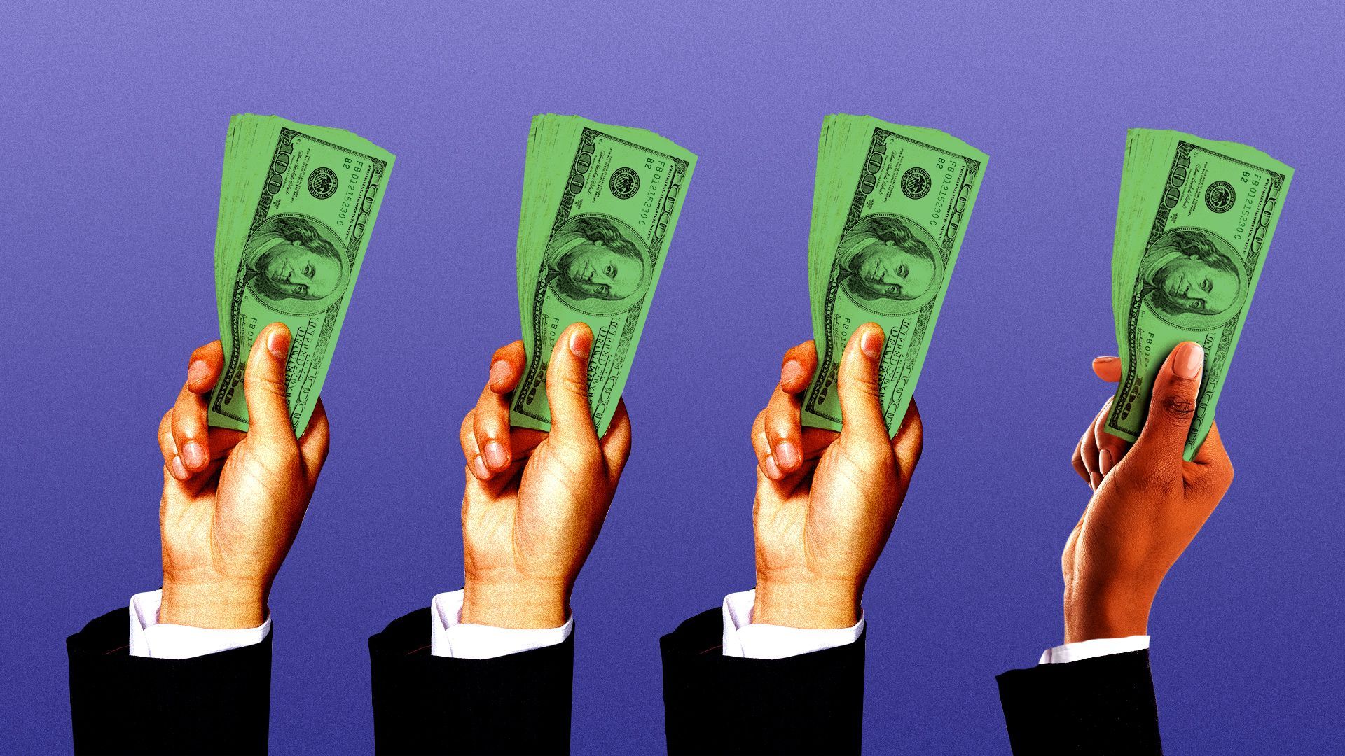 Illustration of three white hands holding money and one Black hand holding money.