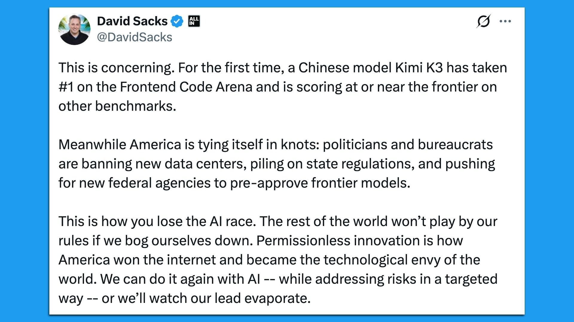 Screenshot of a tweet on a white card with a blue verification badge and a solid blue background. It discusses Chinese AI model Kimi K3 leading benchmarks and criticizes U.S. data-center bans and frontier-model rules.