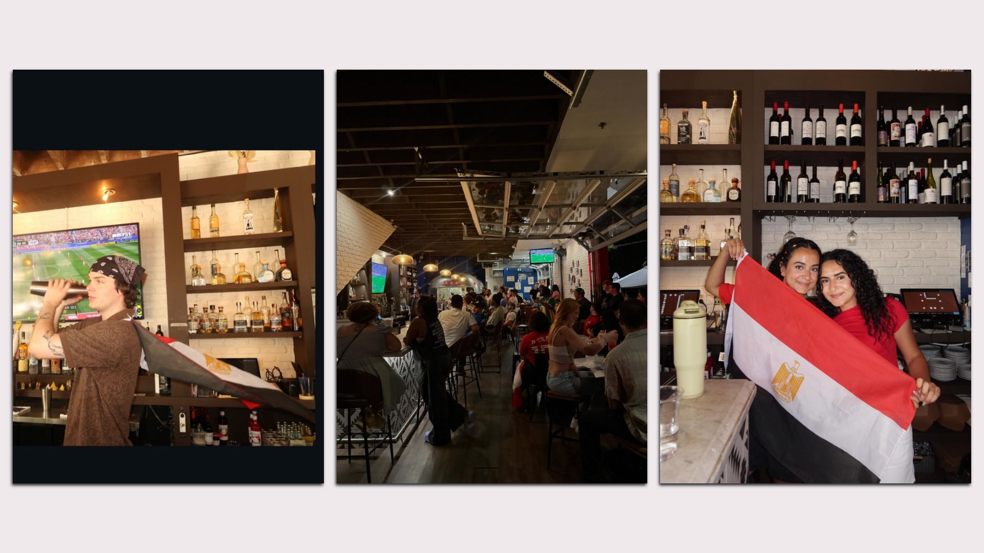 Triptych of a bar: left features a tattooed bartender wearing a bandana pouring drinks; middle shows a crowded industrial-style bar; right shows two women holding an Egyptian flag.