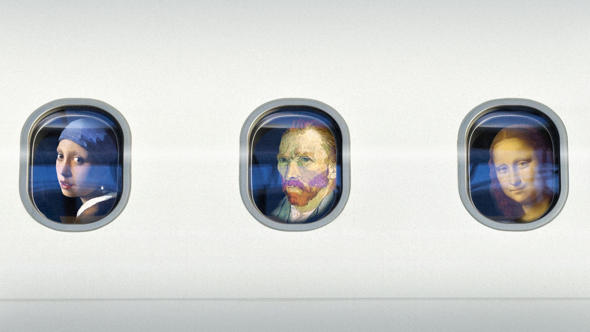Illustration of airplane windows featuring famous portraits including Girl with a Pearl Earring, Van Gogh, and the Mona Lisa