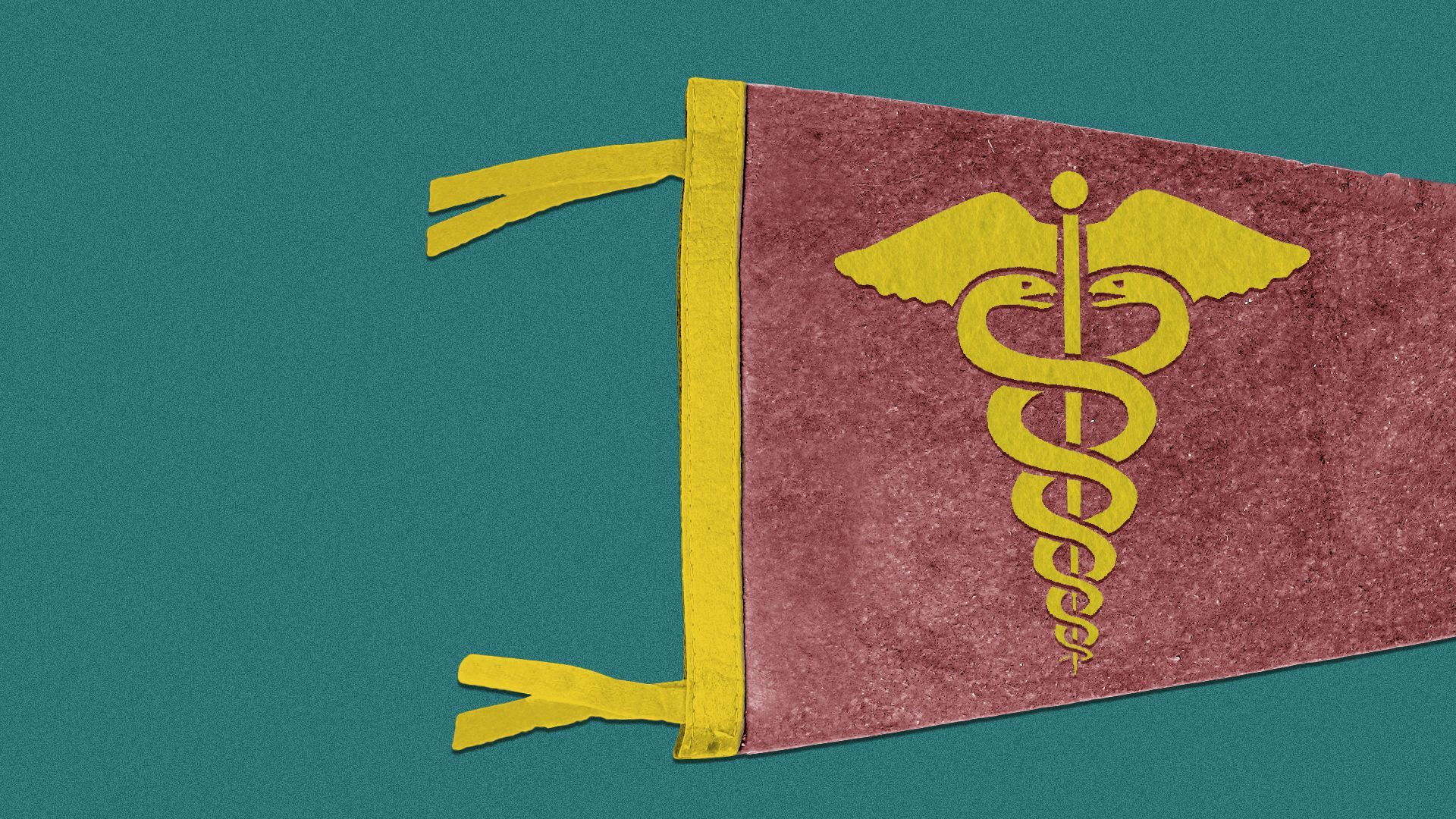 Illustration of a felt pennant with a caduceus on it.