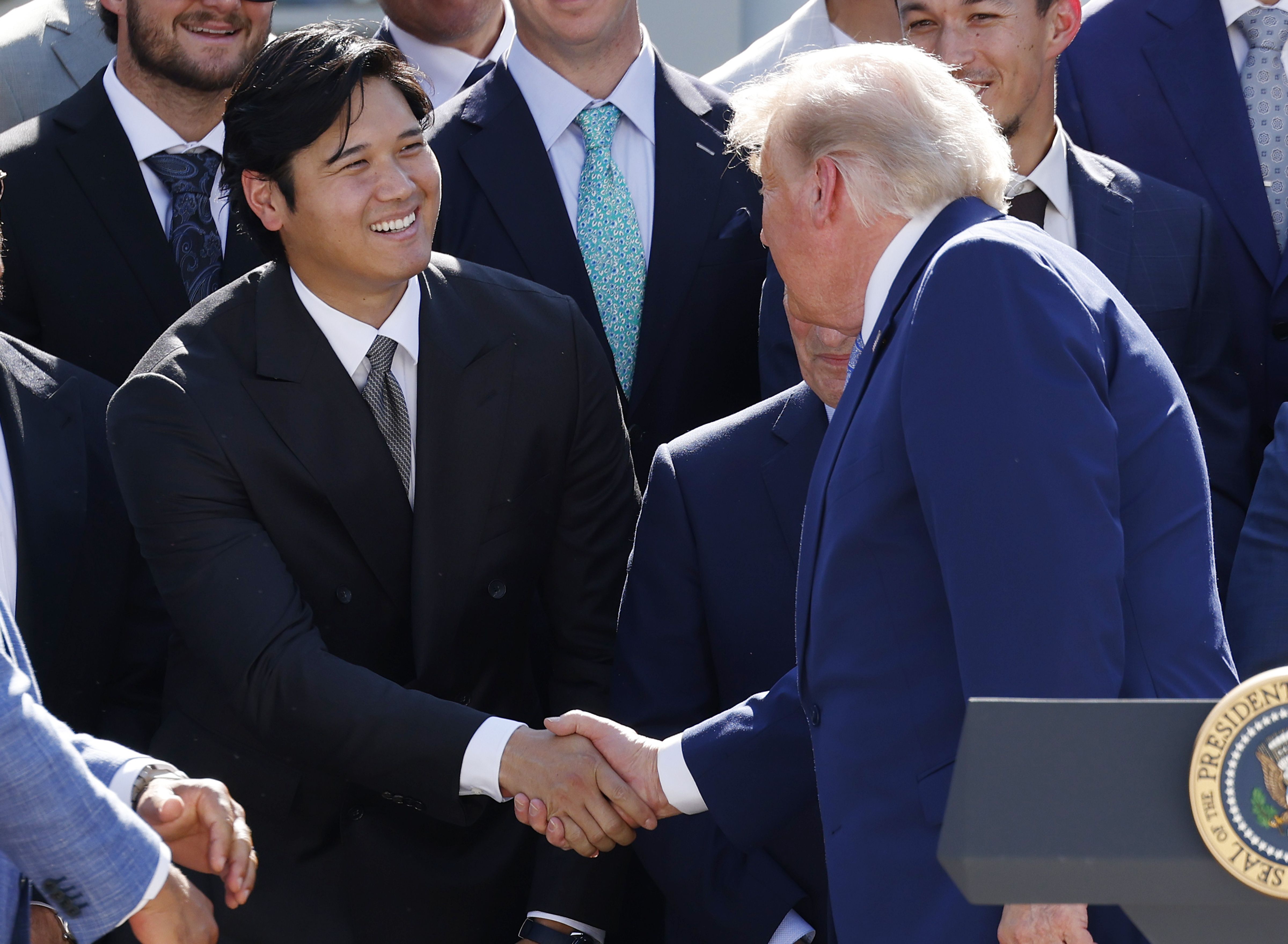 President Trump greets Los Angeles Dodgers star Shohei Ohtani during a White House ceremony Thursday in Washington. Photo: K.C. Alfred/The San Diego Union-Tribune via Getty Images