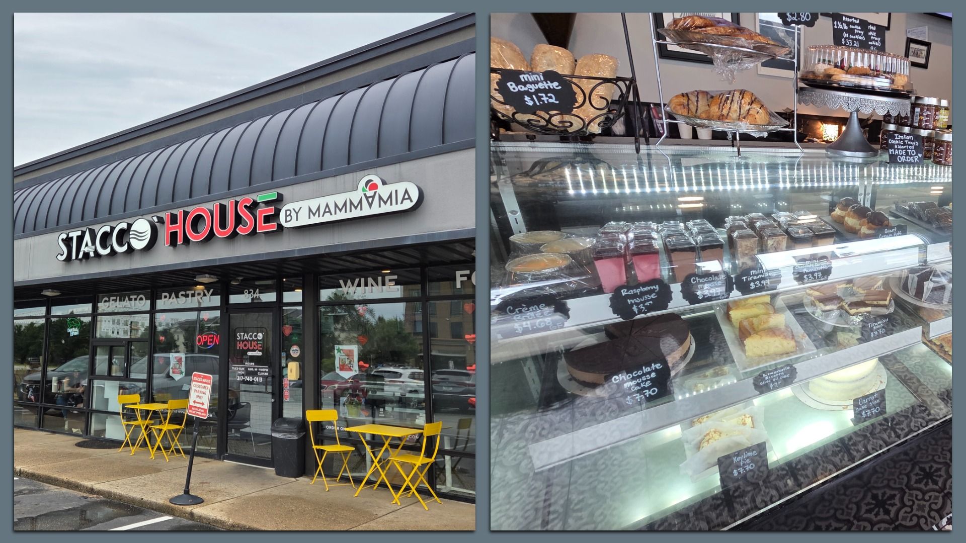 Exterior of Stacco House by Mammamia with yellow patio chairs and tables, and an indoor display case filled with pastries and desserts with price tags in a bakery.