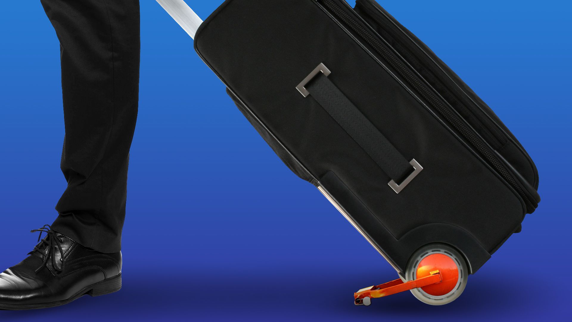 Illustration of a suitcase with a wheel clamp next to a person wearing business attire