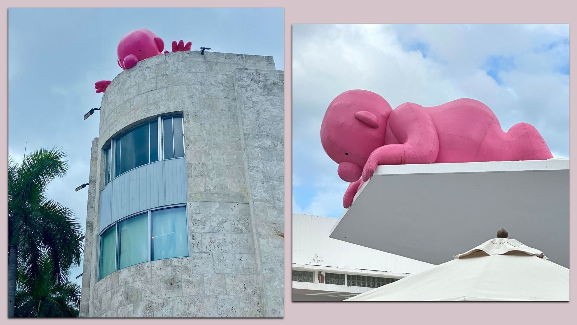 Two views of a large pink inflatable baby figure placed on the rooftops of buildings, one peeking over a round stone building, the other lying on a white flat roof under a partly cloudy sky.