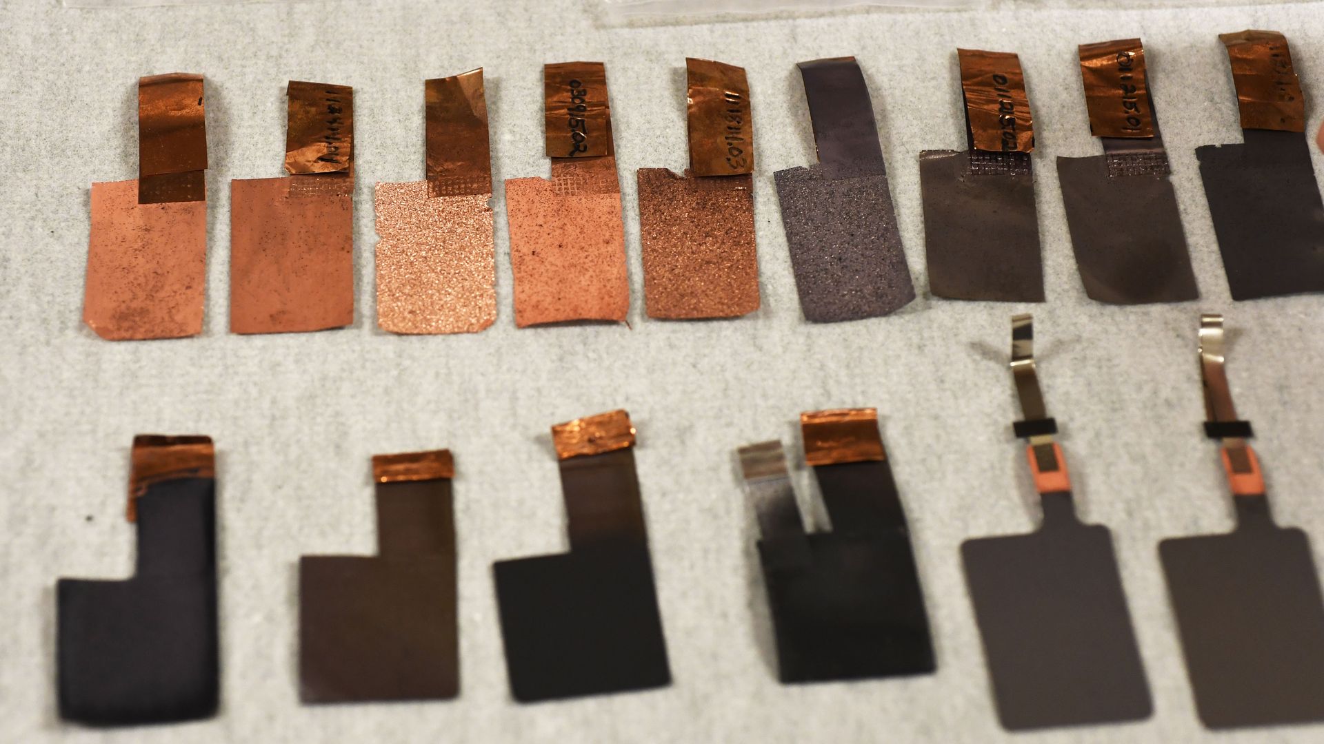 From top left to bottom right, various stages of how copper foam substrate becomes a a solid-state full-cell 3-D battery at Prieto Battery May 16, 2017 in Ft. Collins, Colorado. 