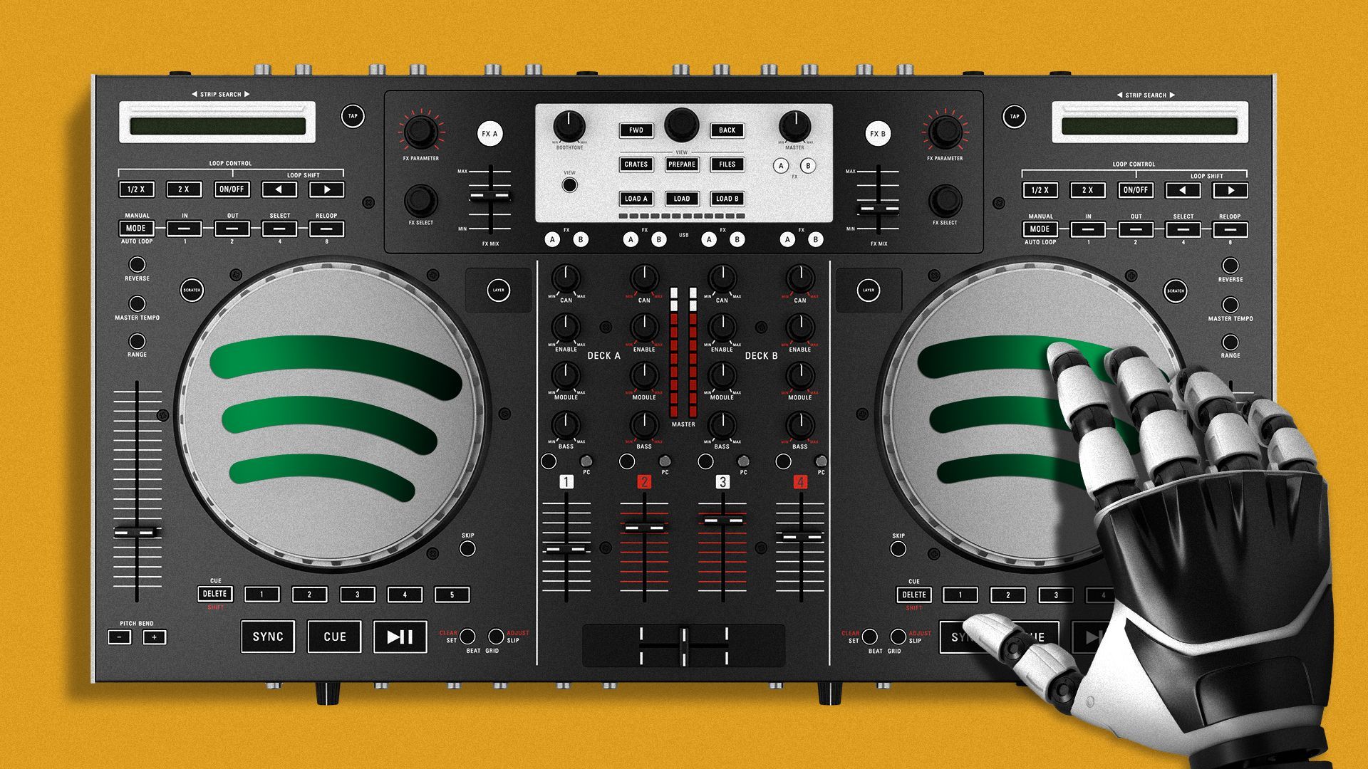 Illustration of a robot's hand on a DJ turntable.