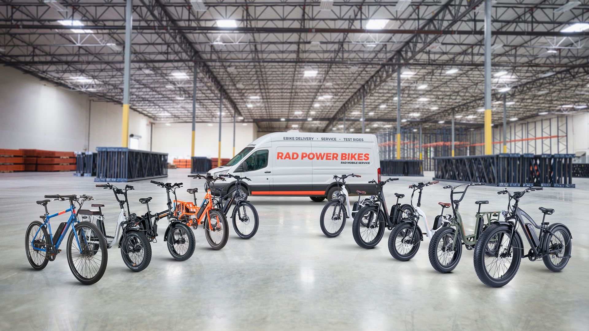 Photo of different models from the electric bike company Rad Power Bikes.
