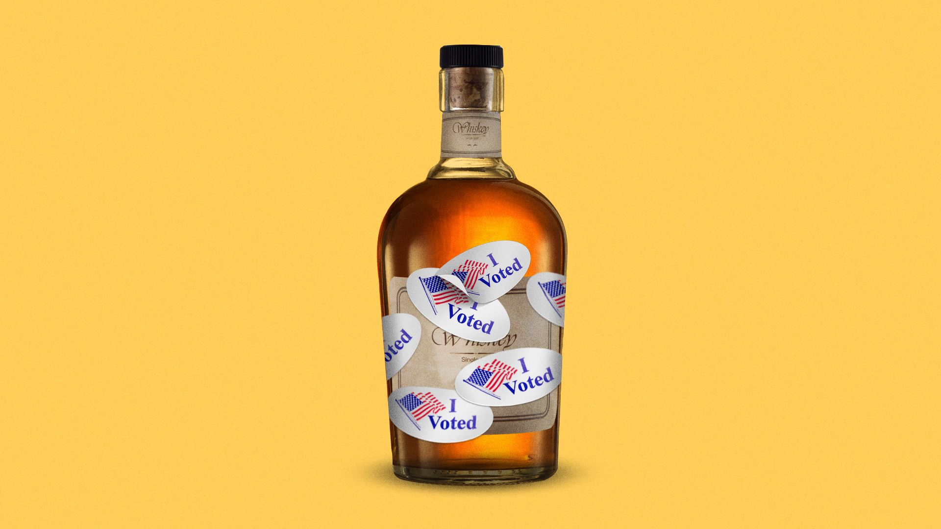 A liquor bottle with several "I Voted" stickers on it. 