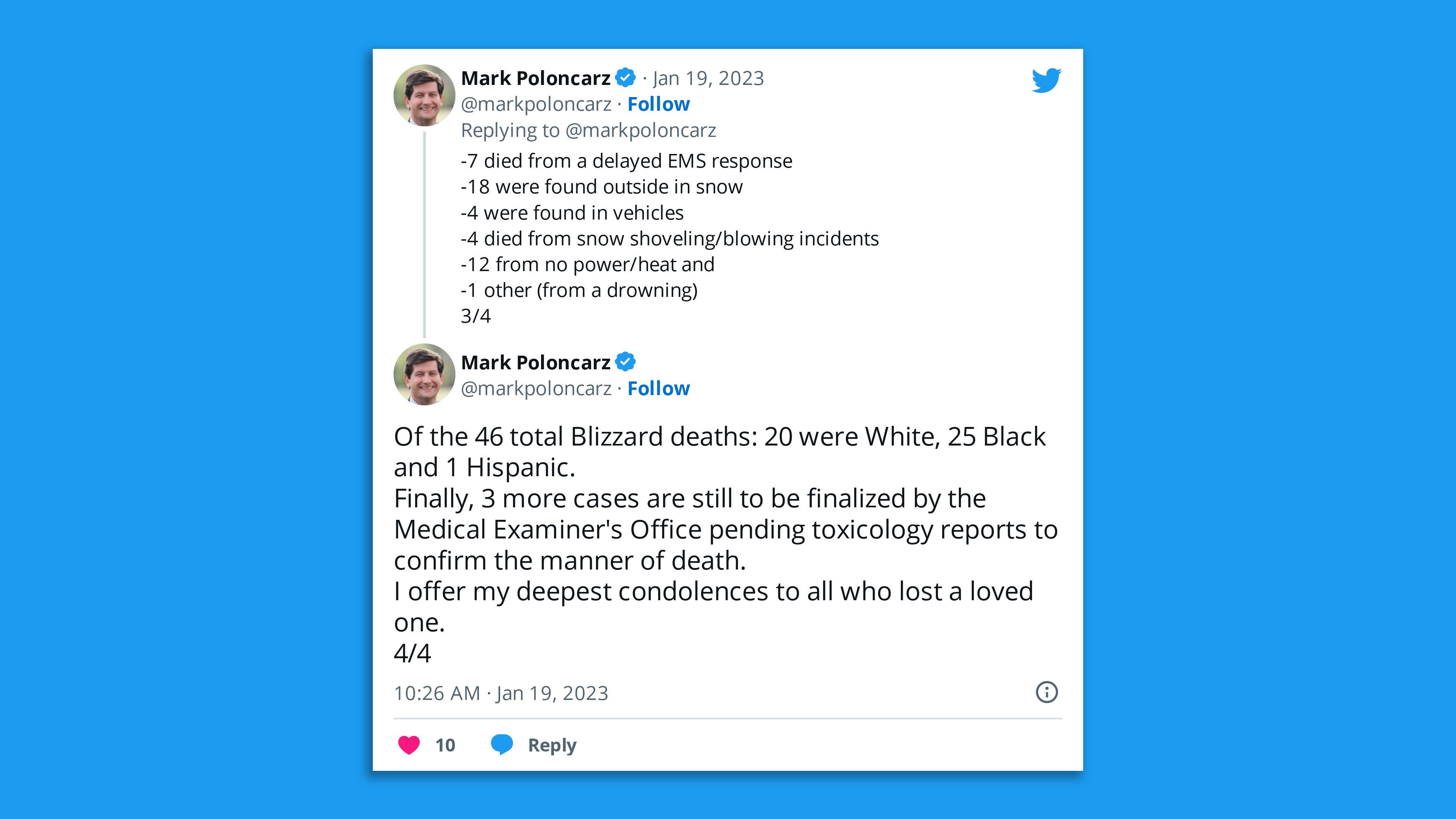 A screenshot of the Eerie County CEO's tweet confirming three more deaths in last month's historic Buffalo blizzard, after emergency responders couldn't reach the patients.