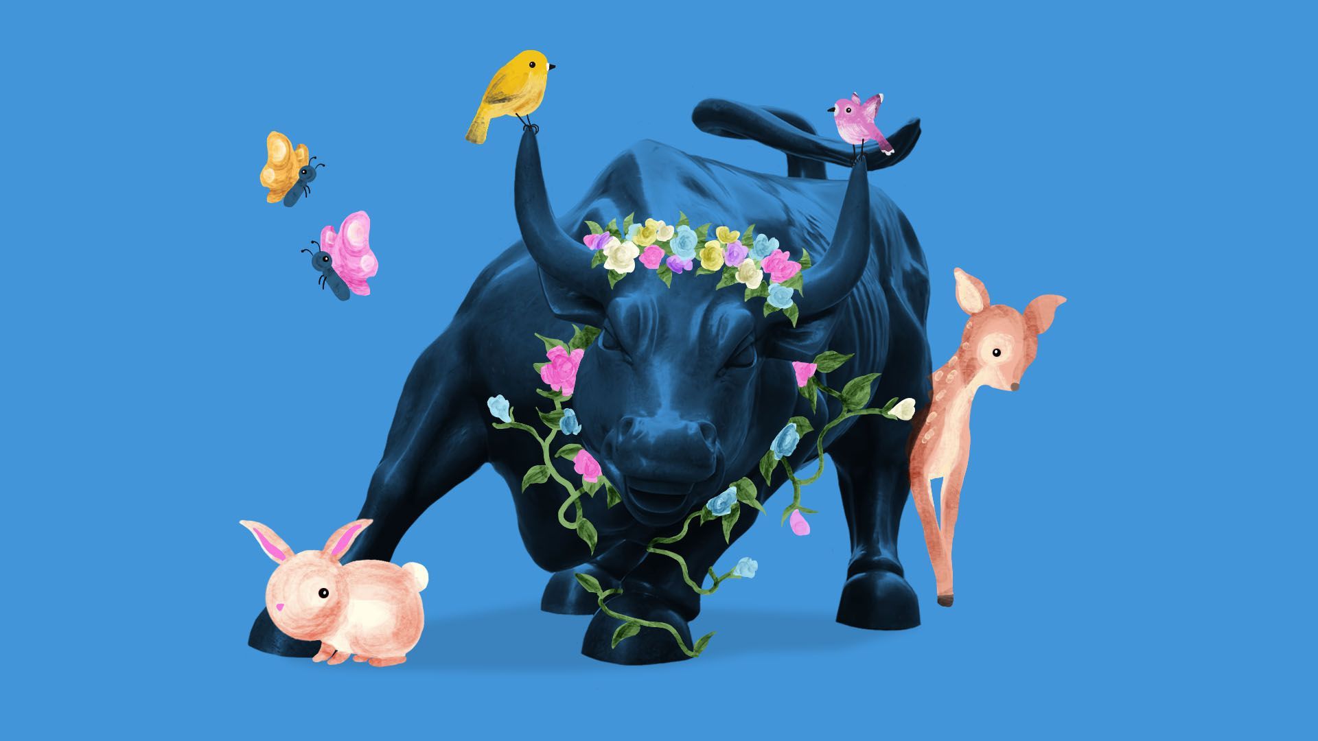 The New York Stock exchange bull with flowers and bunnies and deer around it