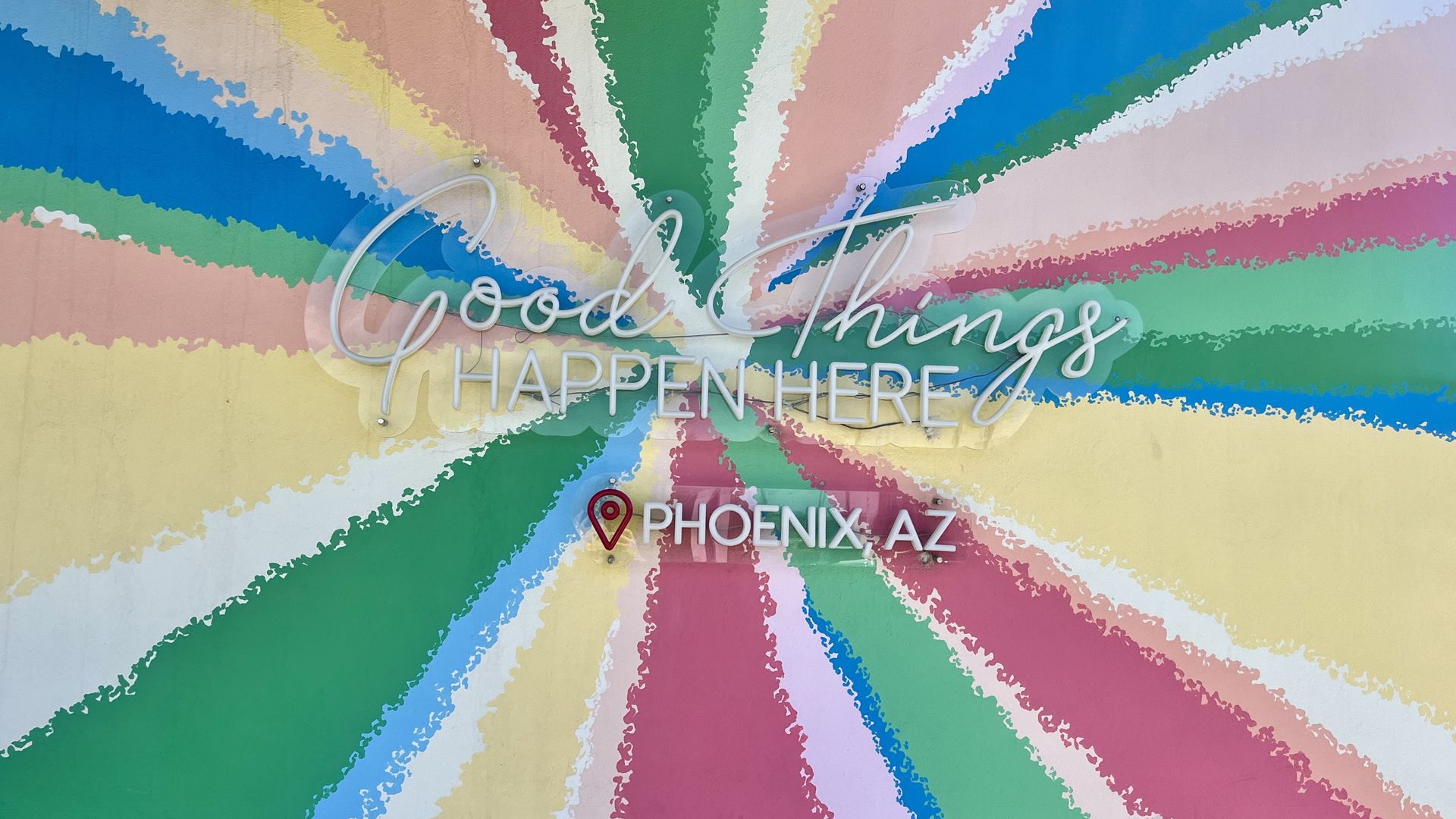 A mural that says, "Good Things Happen Here Phoenix, AZ."