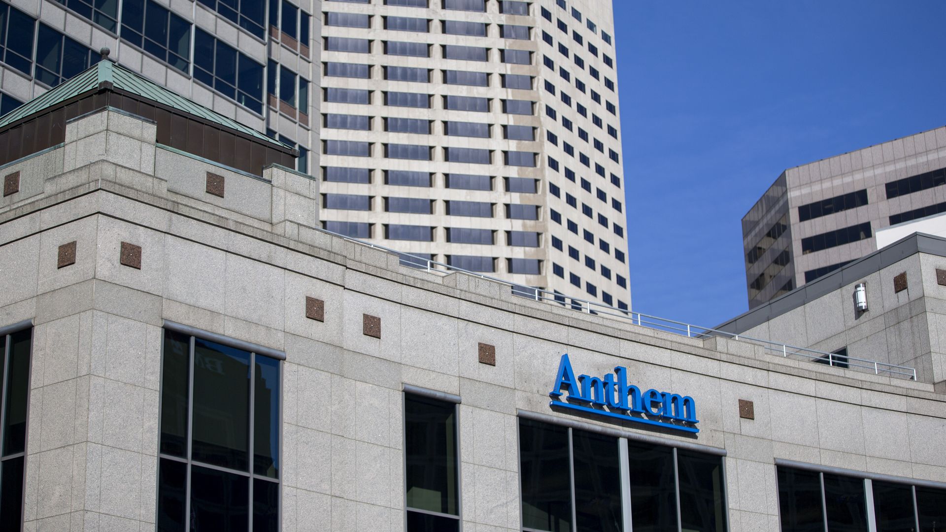 Anthem's blue logo on its gray headquarters building.