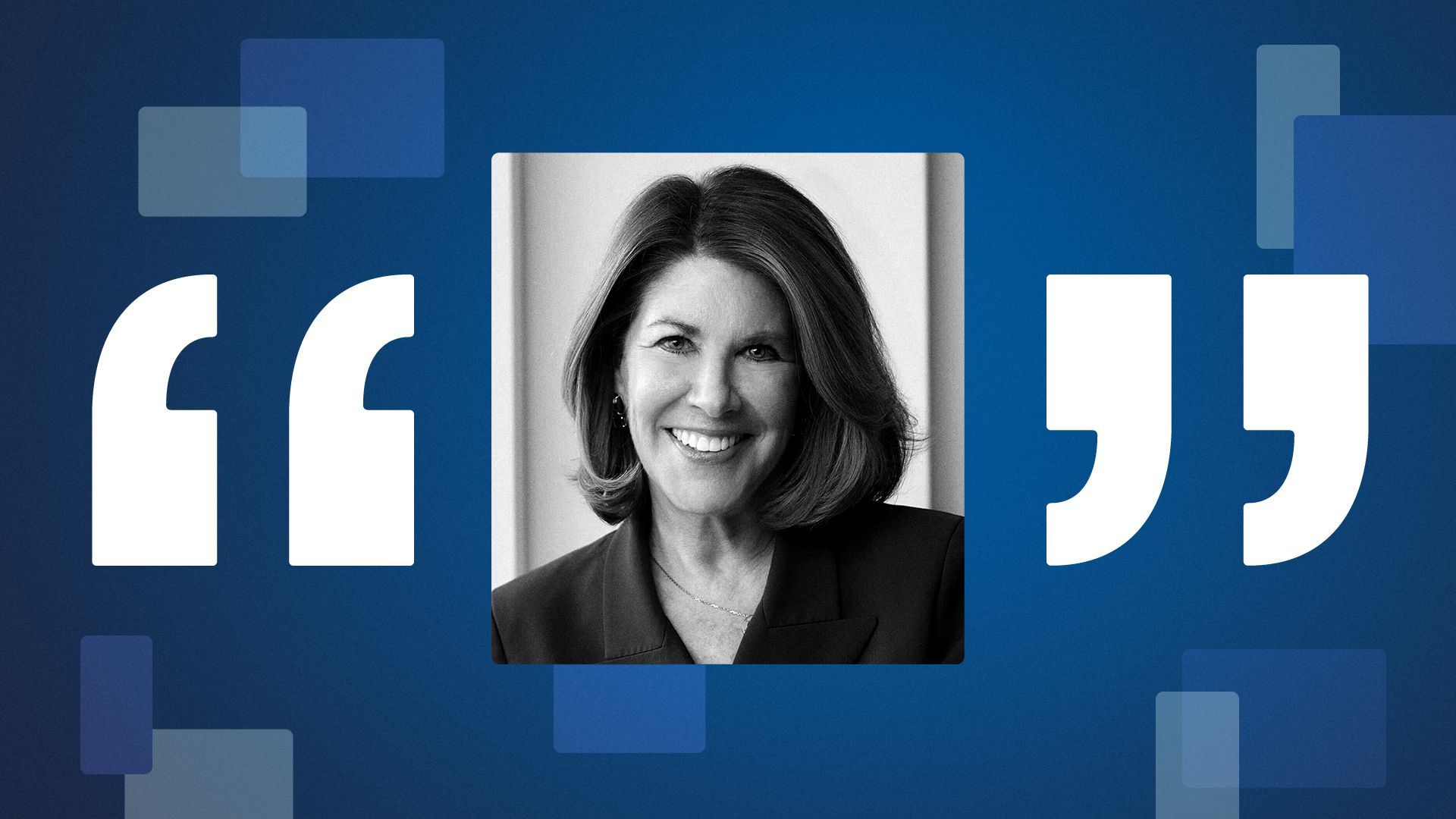 Photo illustration of Sherrie Weston surrounded by quotation marks and abstract shapes.