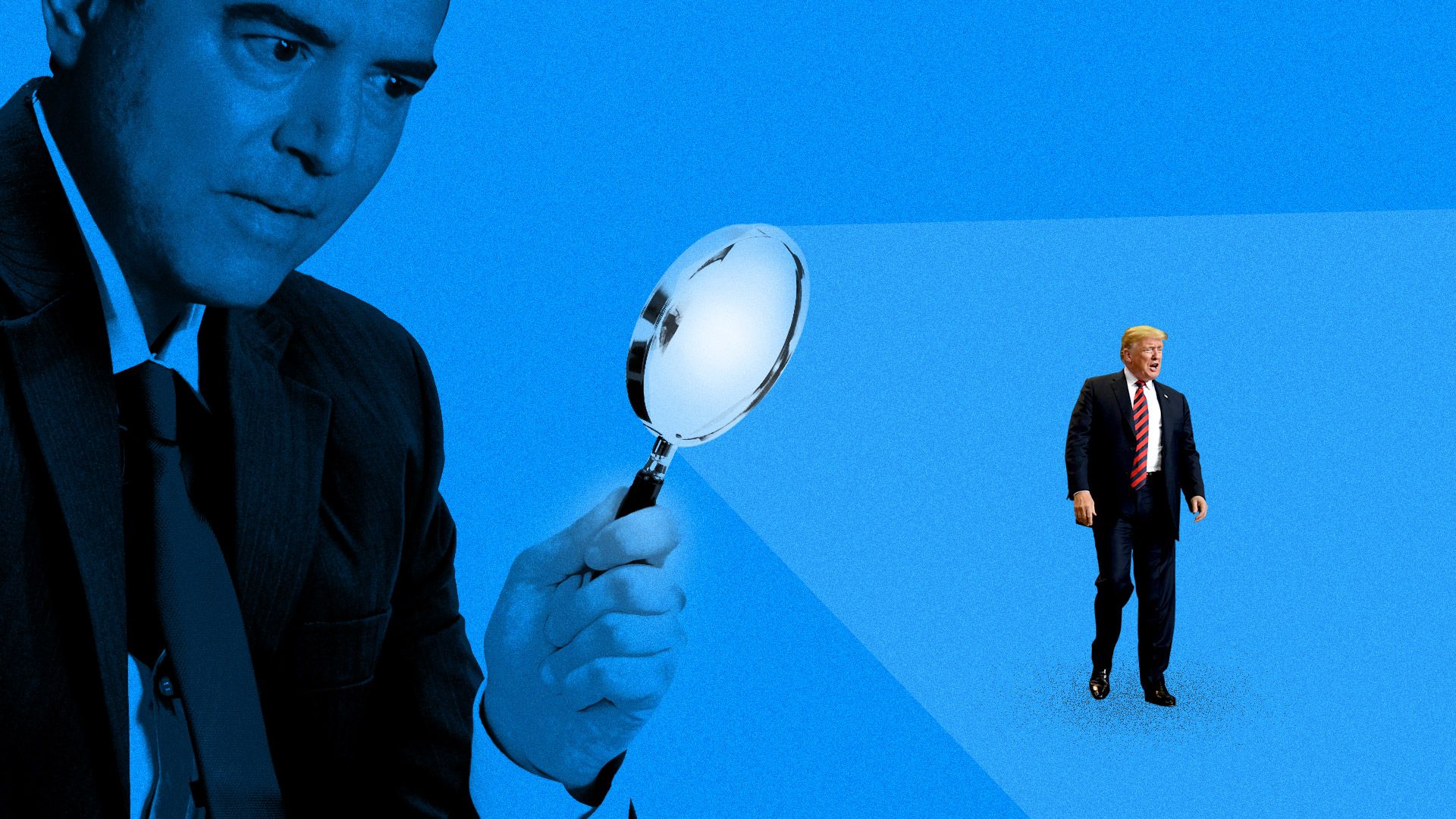 This blue illustration features Adam Schiff with a hand microscope pointed at Donald Trump