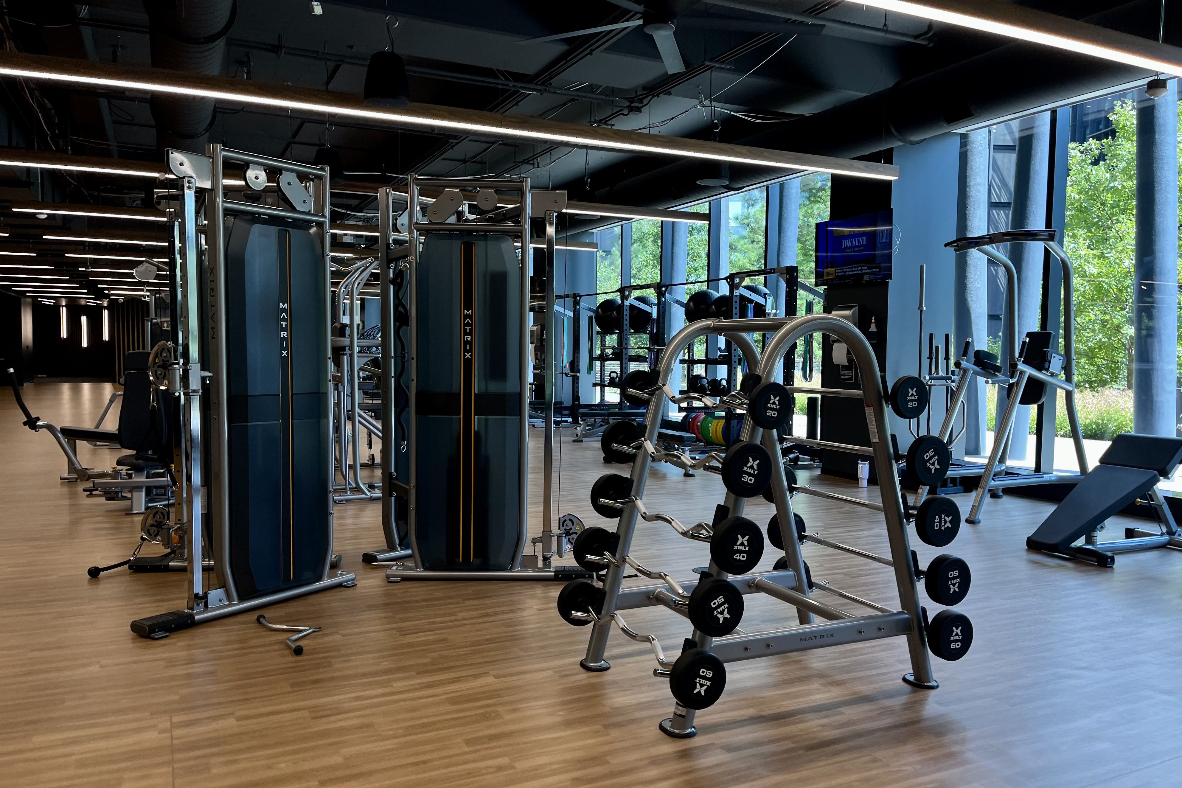 Bright gym with wood floor, multiple weight machines, racks of black weight plates labeled 20 to 60, large windows with green trees outside, and a TV screen on the wall.